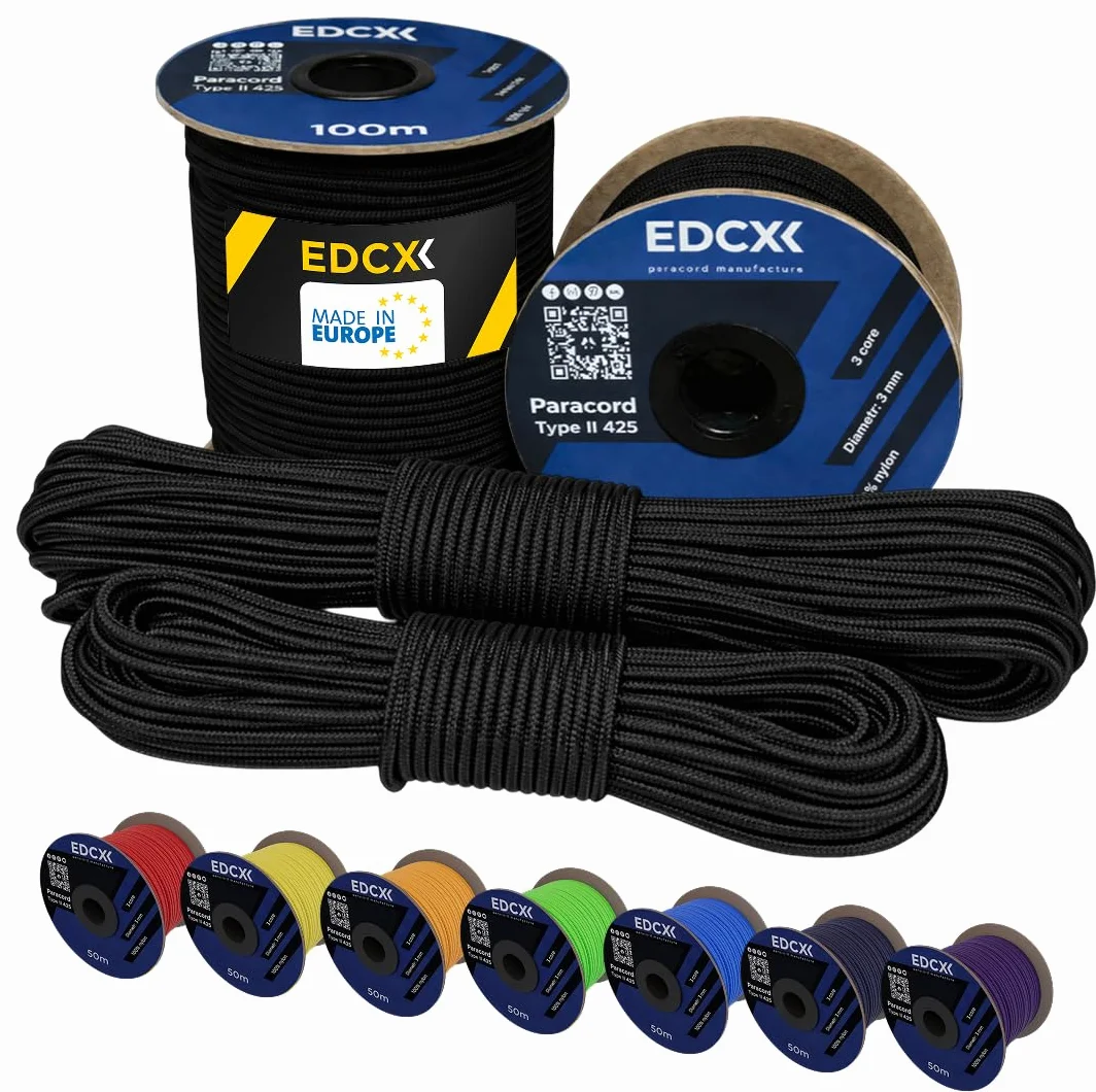 3 mm Nylon Paracord 425 (50 i 100 m) – 3 mm Typ II, 100% nylonowa lina, 3-żyłowa lina, 3 mm nylonowa lina w wielu kolorach