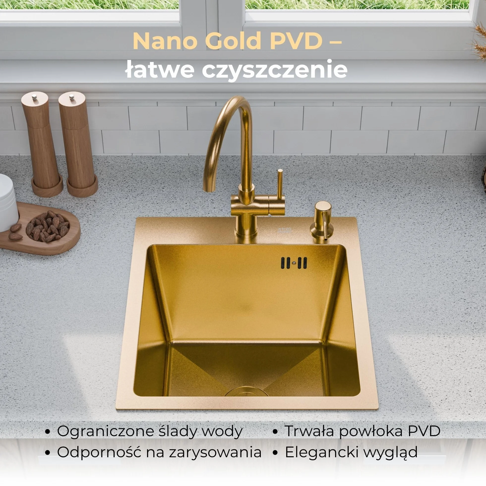 ANW HOME Zlewozmywak Kuchenny 1-komorowy 40x45 cm, Złoty PVD | Wpuszczany, Powłoka Nano, Grubość 3,0+1 mm, Głębokość 22 cm, Z Syfon, Dozownik