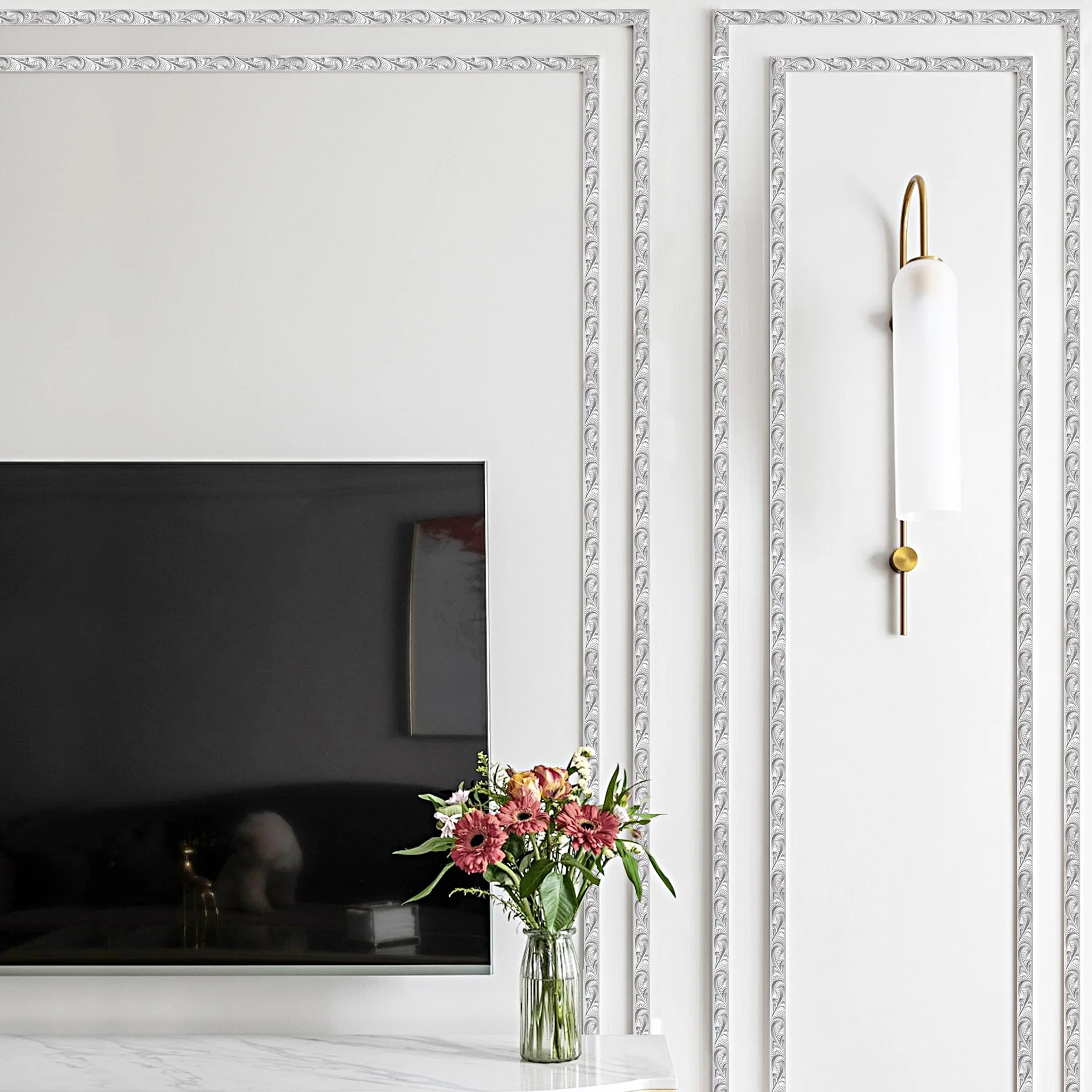 Moulures en PVC JUNART, 300cm×2cm,bordure de papier peint, corniche pour plafonds, moulure de plafond flexible pour bord de miroir, mur de fond de télévision, plinthes, armoire, mur(Srebrny)