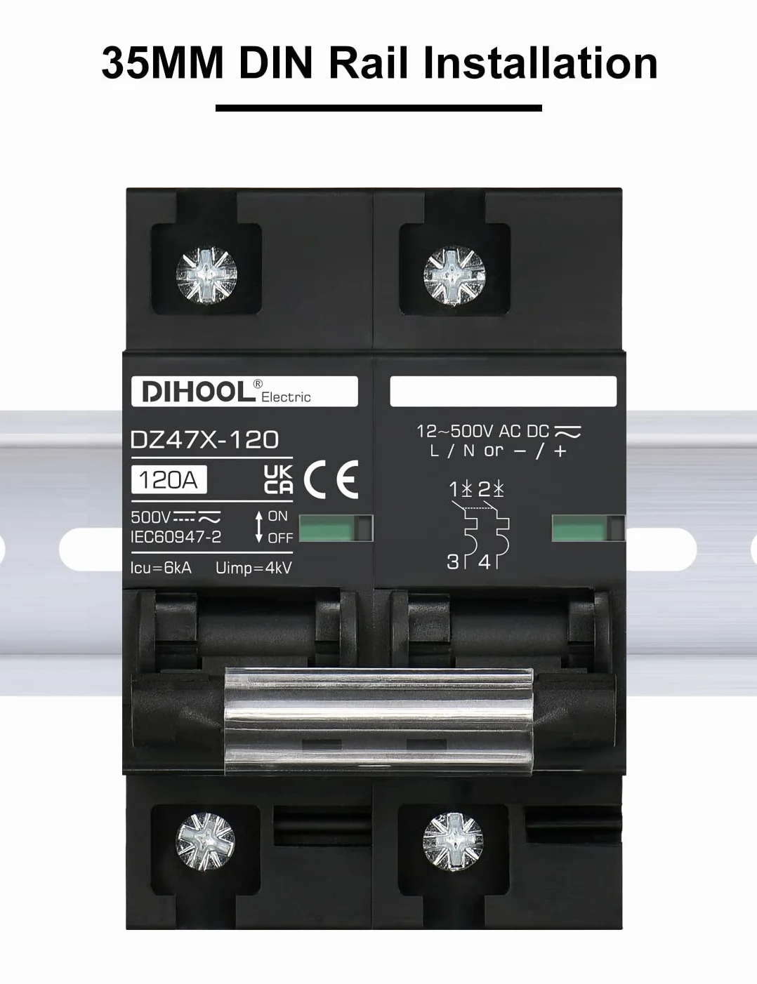 DIHOOL Wyłącznik DC 12V 24V Solar PV Bezpiecznik fotowoltaiczny automatyczny (DC500V,2 Pole 125A)