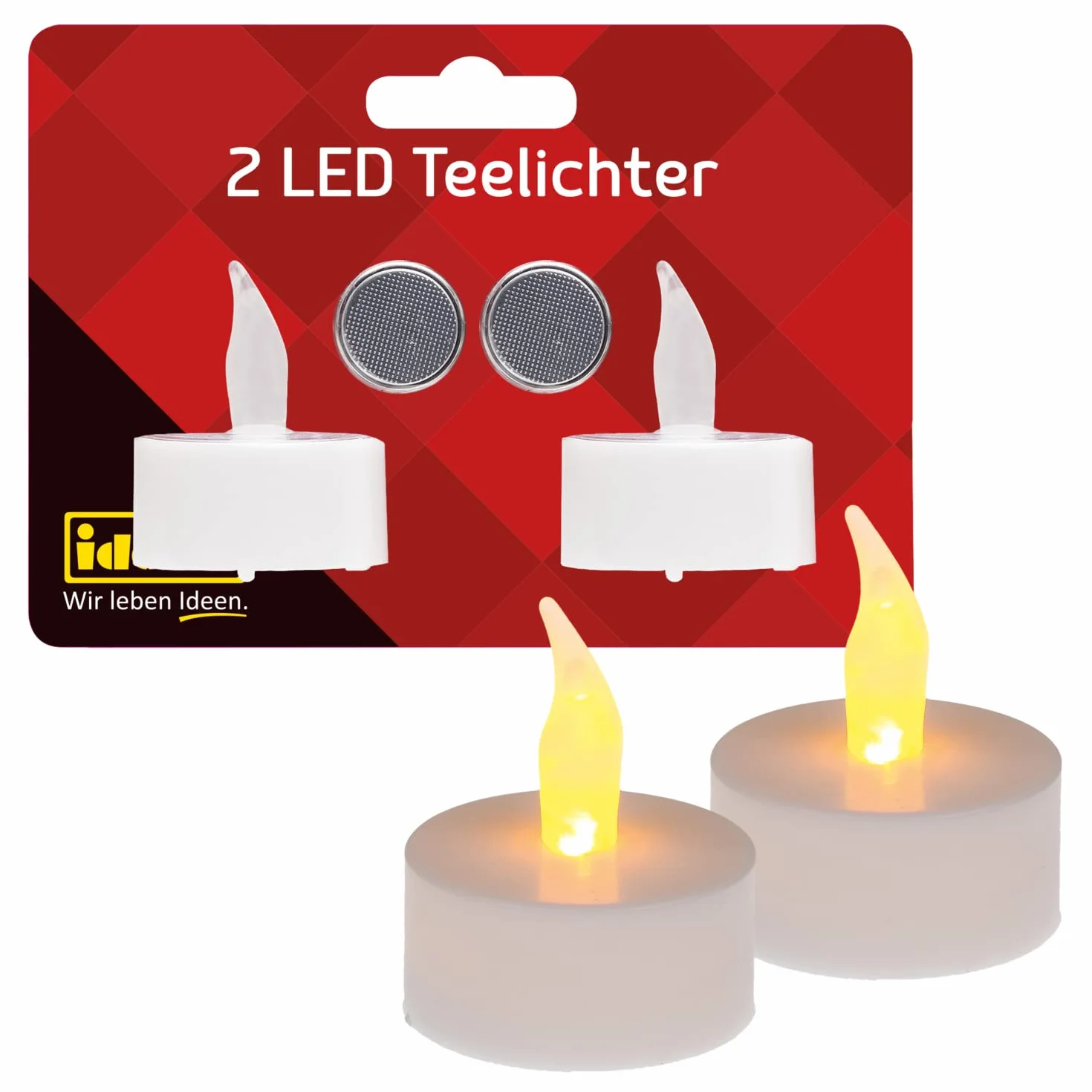 Idena 408982 - LED tea lights, 2 sztuki, elektryczne świeczki z migoczącym światłem, baterie w zestawie, dekoracja na ślub, przyjęcie, Boże Narodzenie, Wielkanoc, jako światło nastrojowe