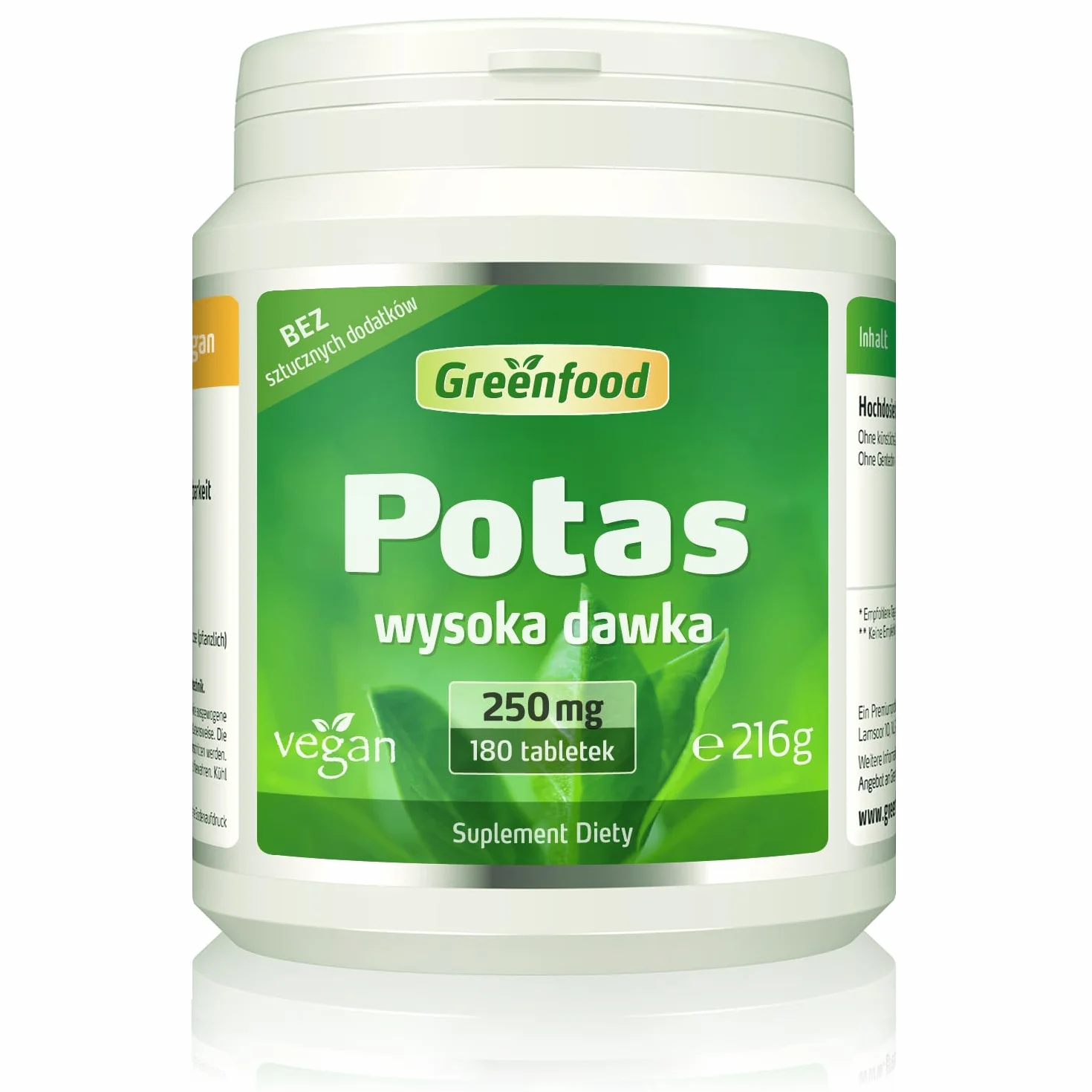 Greenfood Potas 250 mg 180 tabletek wspomaga układ nerwowy mięśnie ciśnienie krwi wegańskie