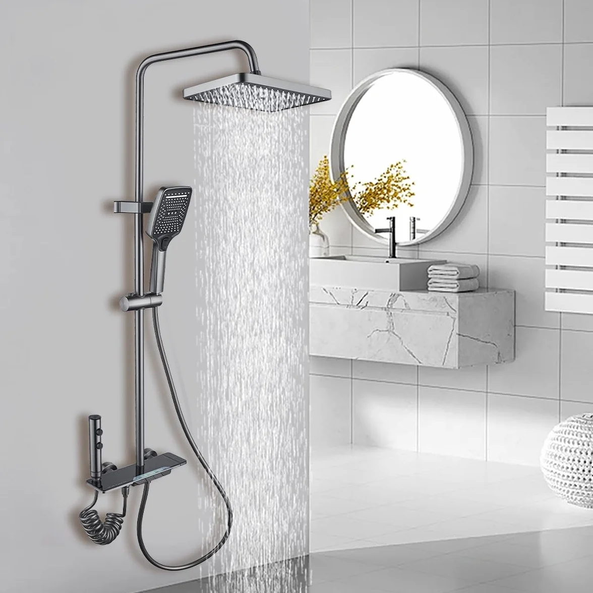 system prysznicowy z termostatem,System prysznicowy z deszczownicą 30x20 cm, prysznicem ręcznym, ukrytą wylewką wanny, regulowaną wysokością i pistoletem natryskowym do łazienki.