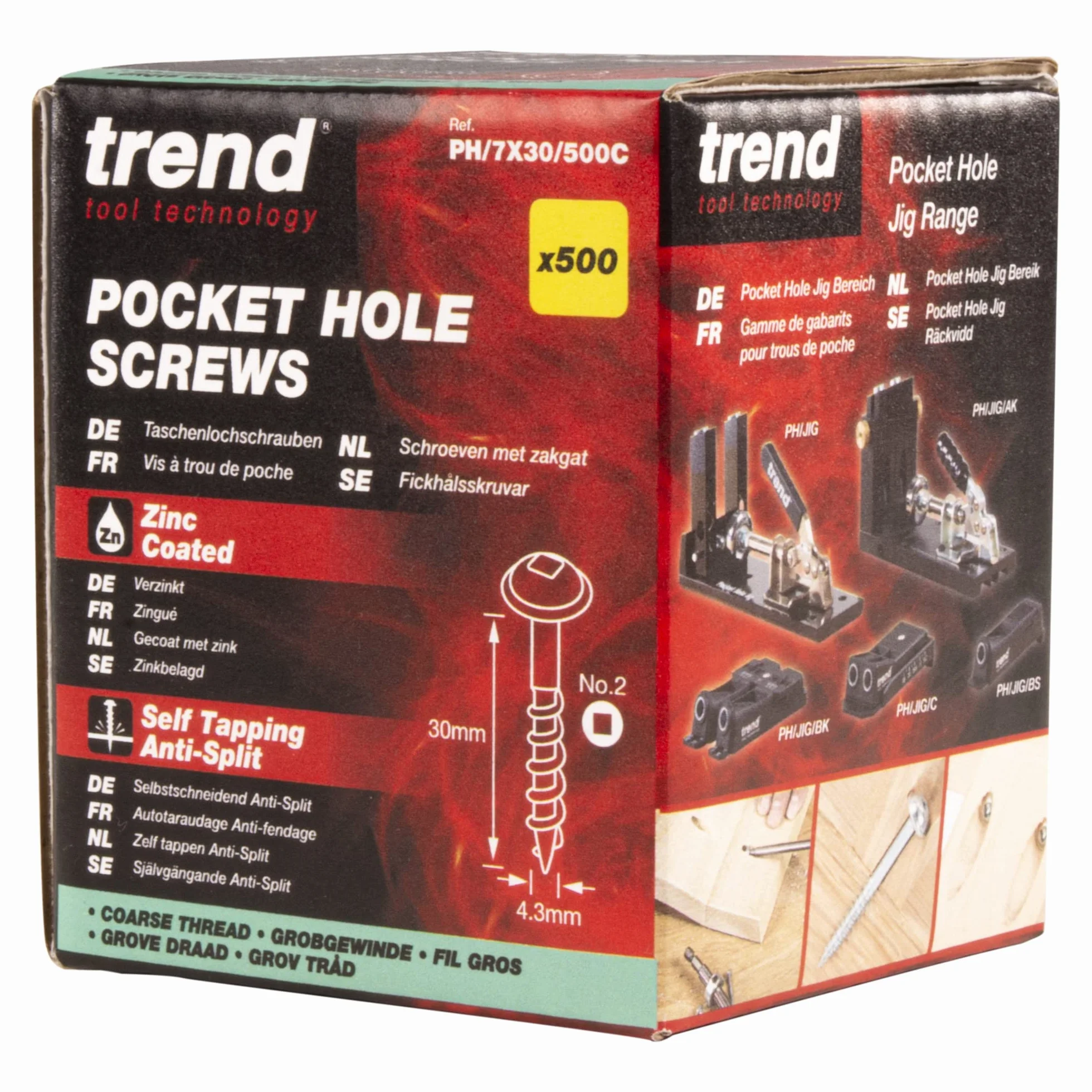 Trend Kieszonkowy otwór śrubowy gruby No.7/8 x 30mm, wkręty samogwintujące do drewna z gwintem grubozwojnym, PH/7X30/500C, Opakowanie 500 szt.