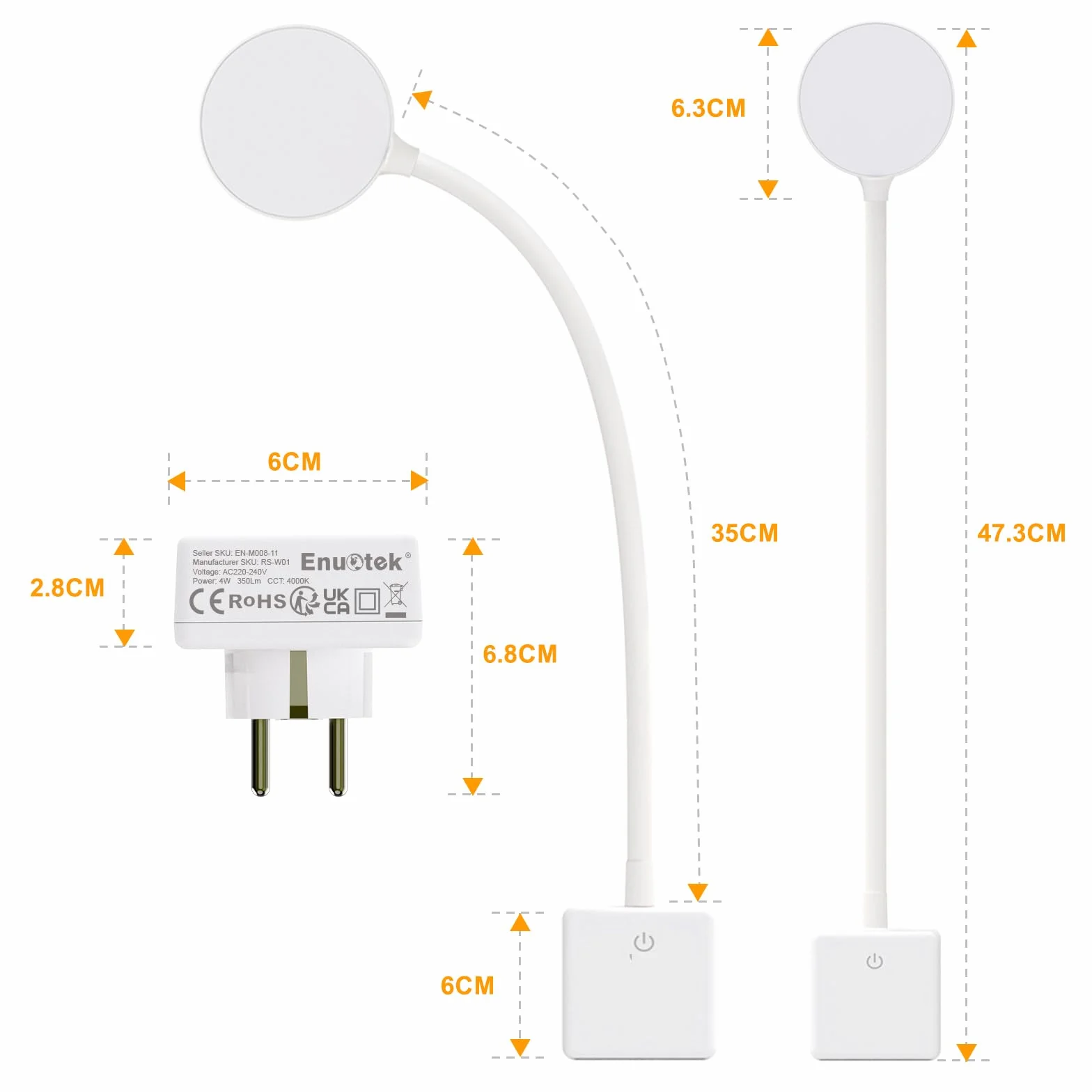 ENUOTEK Lampa LED do czytania z białym gniazdem przy łóżku 4 W, montowana na ścianie, z dotykowym ściemniaczem 350 lm, oświetlenie sypialni, 2 lampki