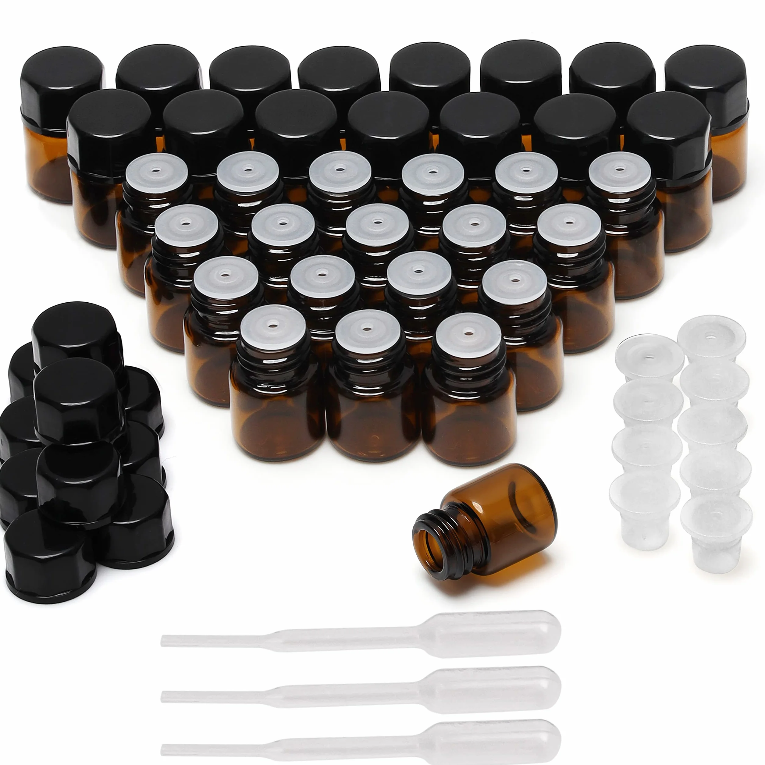 BELLE VOUS 50 sztuk butelek na próbki olejków eterycznych, 1 ml, butelki ze szkła bursztynowego z wkładkami, do wielokrotnego napełniania, z czarnymi zakrętkami i zakraplaczami, do olejów, zapachów