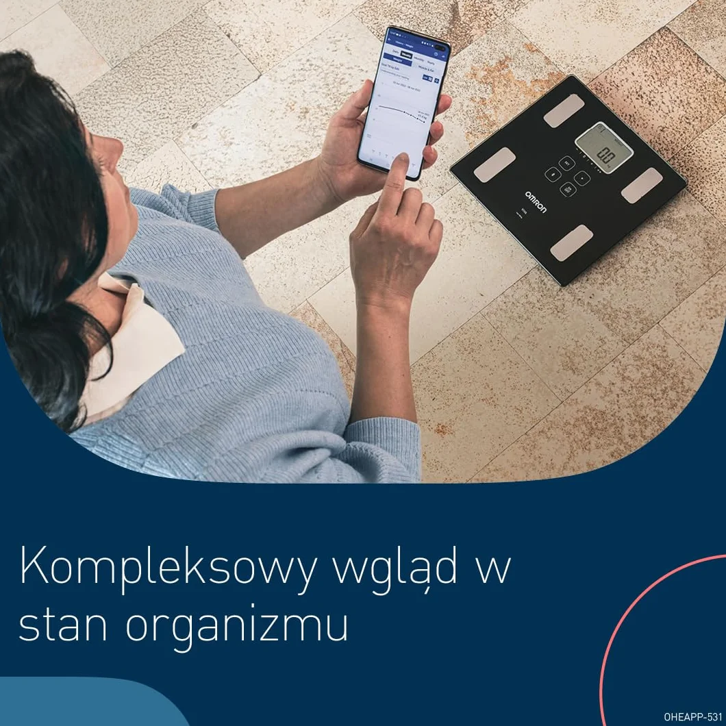 Waga OMRON VIVA Bluetooth Smart i monitor składu ciała z pomiarem tkanki tłuszczowej, masy ciała, zawartości tłuszczu trzewnego, masy mięśni szkieletowych, metabolizmu spoczynkowego i BMI