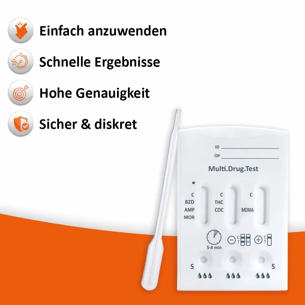 self-diagnostics Szybki test multi 6 TG – wykrywanie 6 rodzajów narkotyków amfetaminy, benzodiazepiny, kokainy, ekstazy, opiatów/morfiny i konopi (THC) – 5 min test na mocz – szybki test moczu – test