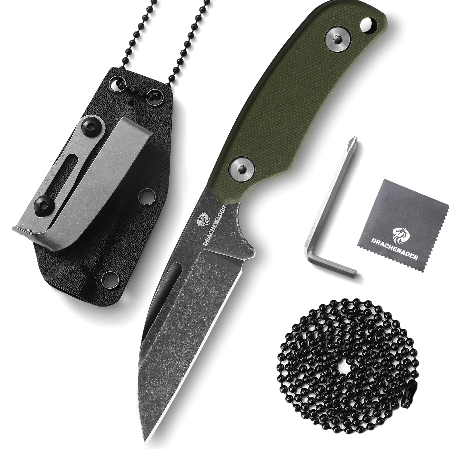 DRACHENADER Nóż na szyję, stal D2, ostrze 7,6 cm, mini nóż zewnętrzny z osłoną Kydex, łańcuszek kulkowy, klips do paska