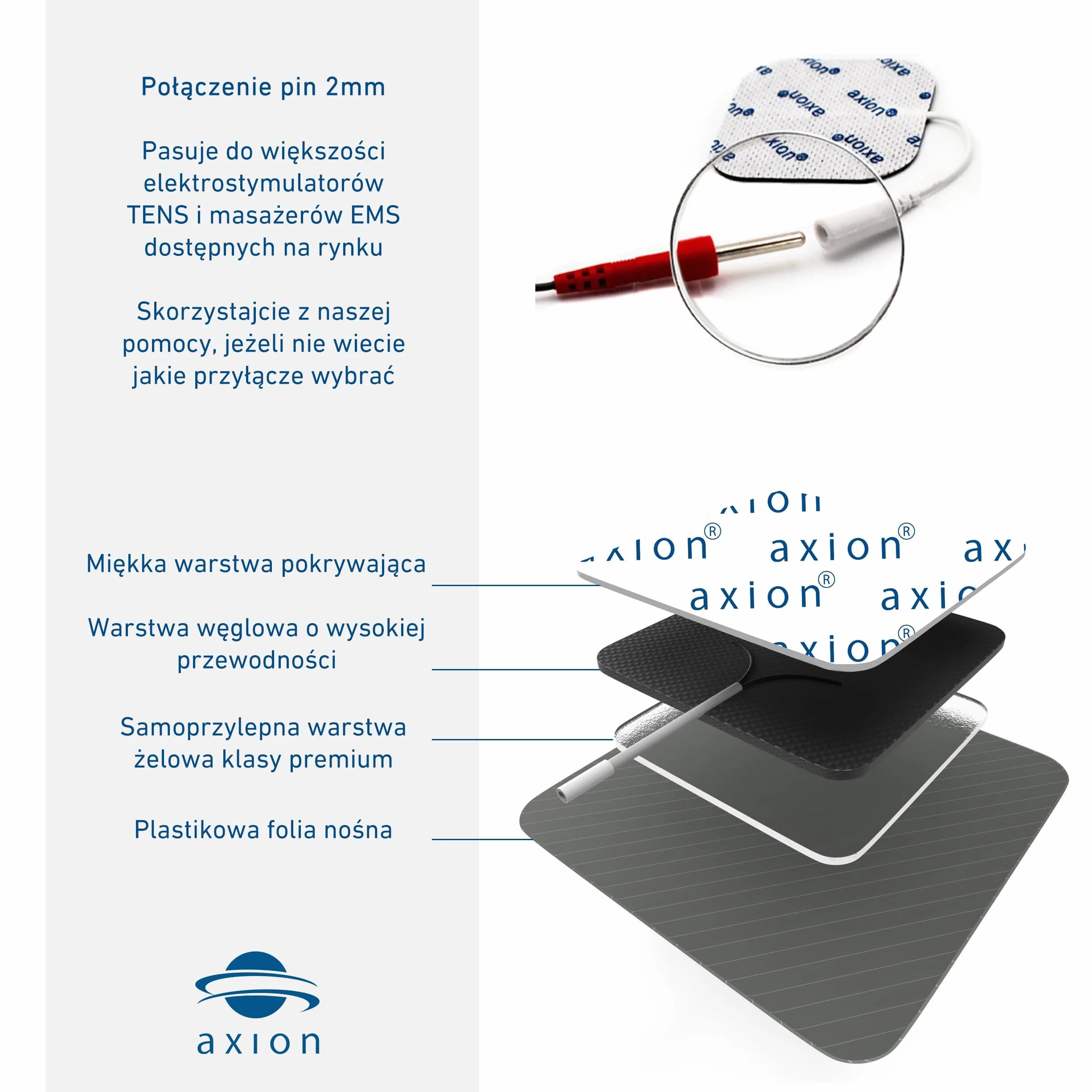 axion- ELEKTRODY TENS żelowe, samoprzylepne- 50x50 mm- przyłącze na kabel pin 2mm, 16szt.