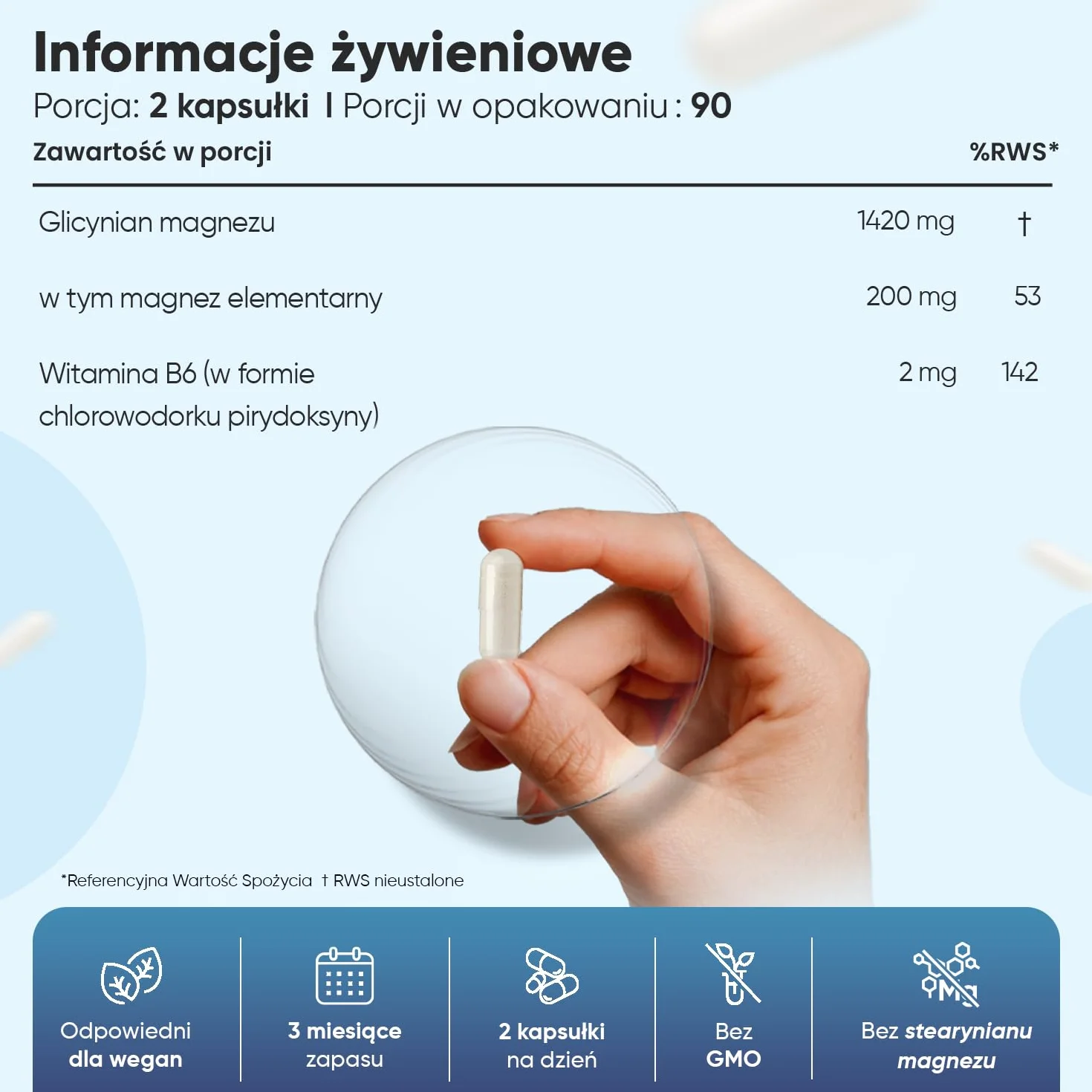 Glicynian magnezu 1422 mg z witaminą B6 – 180 kapsułek wegańskich dostarczających 200 mg czystego magnezu – zapas na 3 miesiące w jednym opakowaniu, bez GMO i stearynianu magnezu.