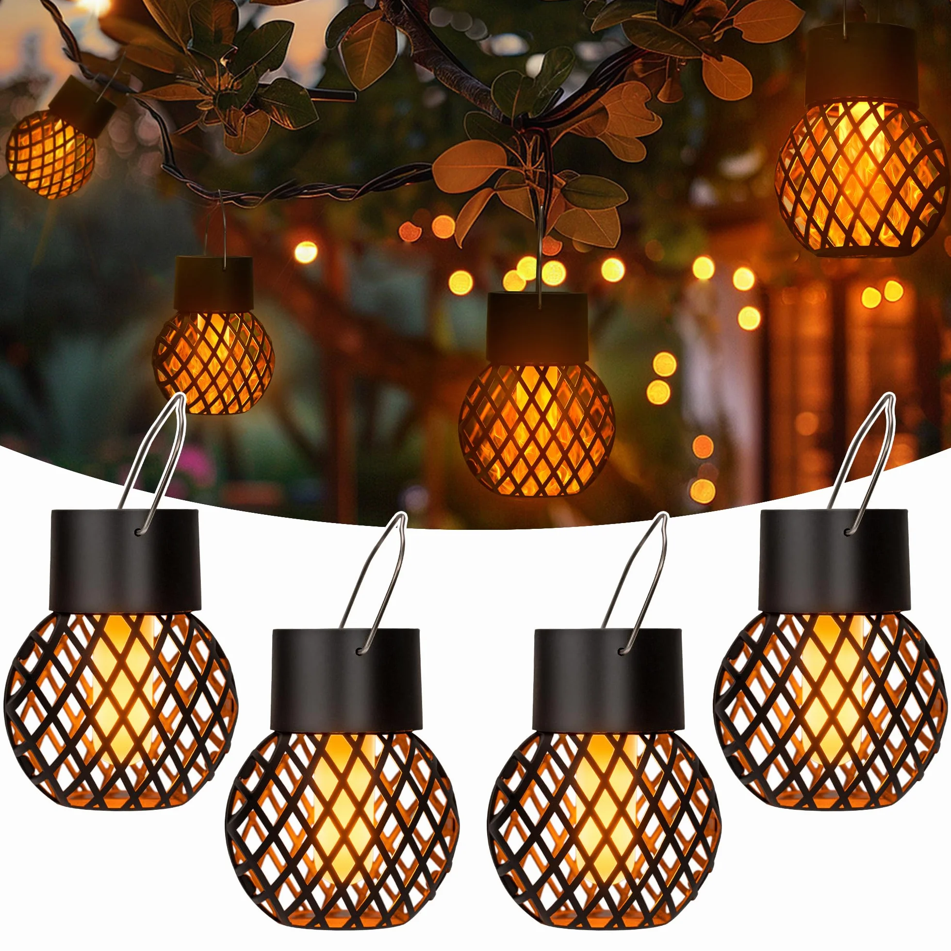 GIGALUMI Solarna lampa wisząca do użytku na zewnątrz, 4 sztuki, migoczący płomień, lampy solarne do ogrodu