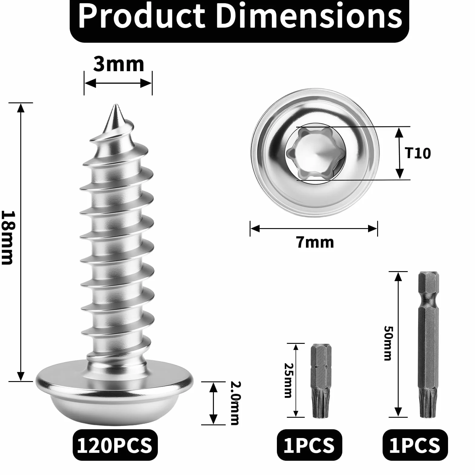 120 sztuk wkrętów blachowych ze stali nierdzewnej M3 x 18 mm, łeb talerzowy, wkręty do drewna, Torx A2, V2A, wkręty samogwintujące, pełny gwint, śruby z łbem płaskim z bitem, śruby z łbem