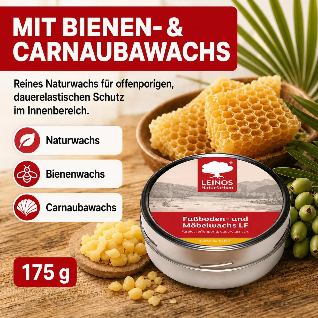 LEINOS Wosk do podłóg i mebli LF 310 – naturalny wosk ochronny do drewna, korka i płytek glinianych wewnątrz – wodoodporny, oddychający i nadający się do naprawy – do podłóg i mebli – bardzo wydajny i