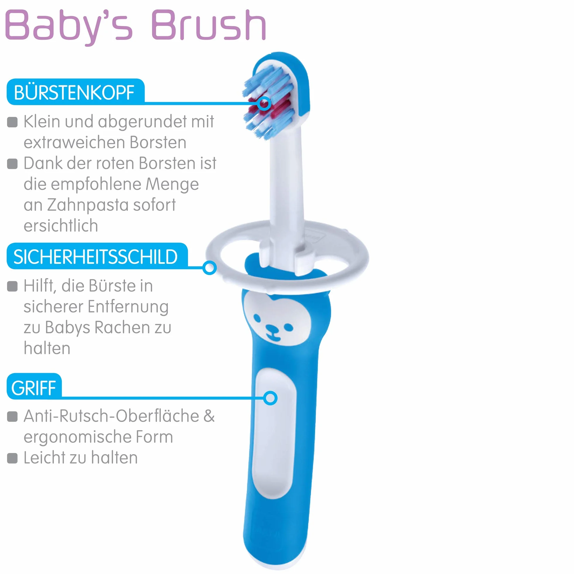 MAM Baby's Brush szczoteczka do zębów dla niemowląt z krótkim uchwytem do łatwego trzymania, szczoteczka do zębów dla dzieci do delikatnego czyszczenia zębów, od 6+ miesięcy, turkusowa, 1 sztuka (1