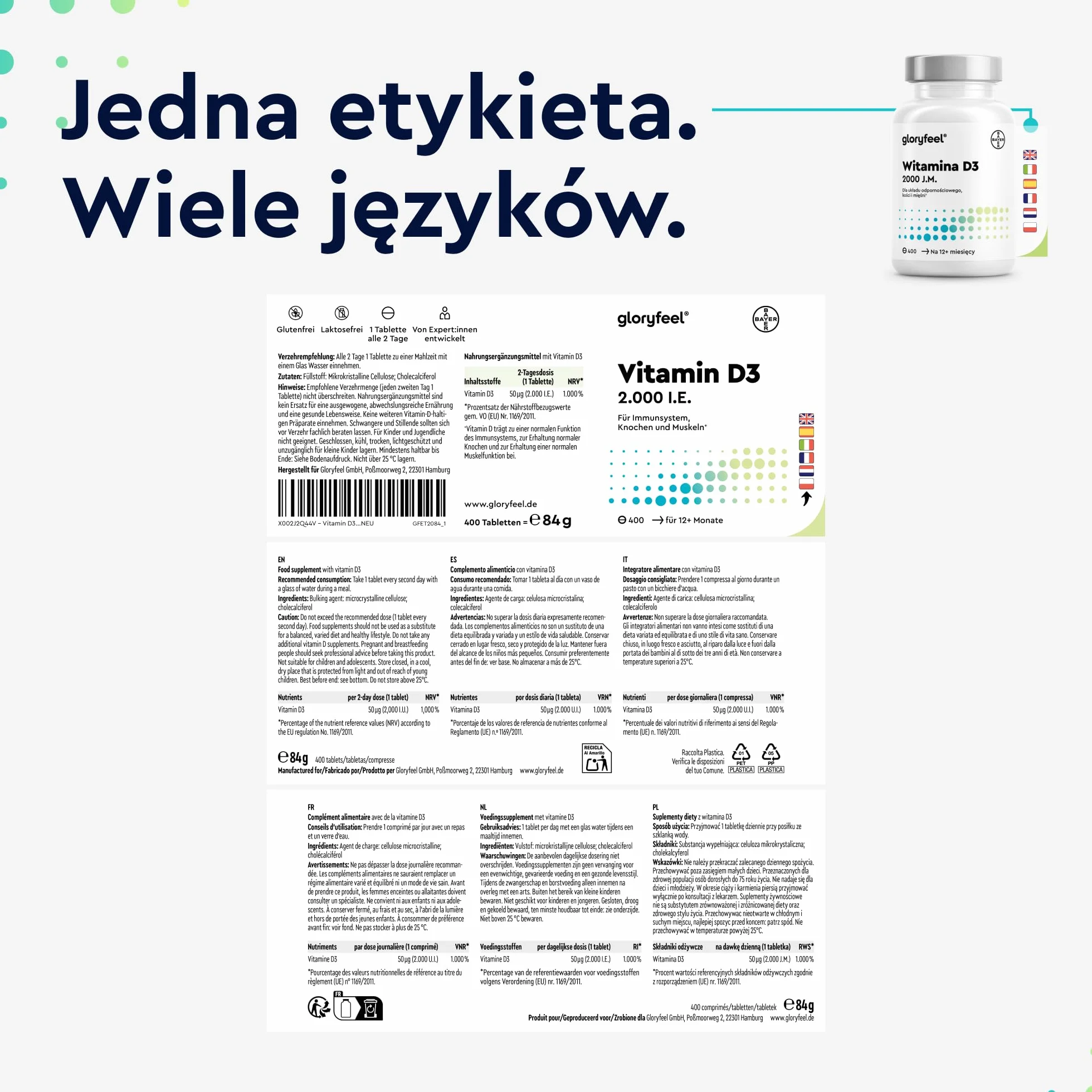 Witamina D3 2000 j.m. - 400 tabletek (13 miesięcy) - Wysoka dawka - Witamina słońca na odporność i kości* - 100% czystego cholekalcyferolu - Testowane laboratoryjnie - Wyprodukowano w DE