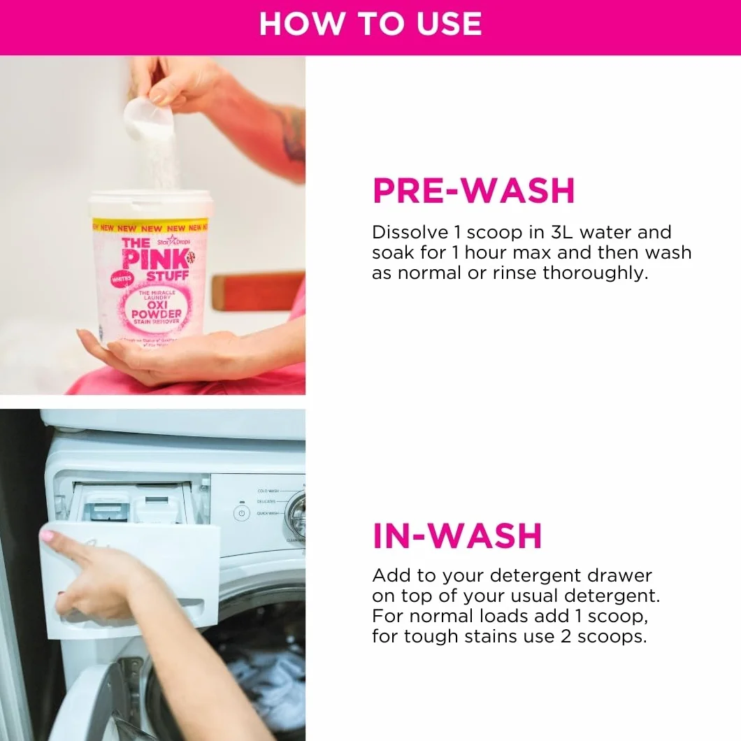 Stardrops The Pink Stuff Miracle Laundry Oxi proszek do usuwania plam, białe, 1 kg