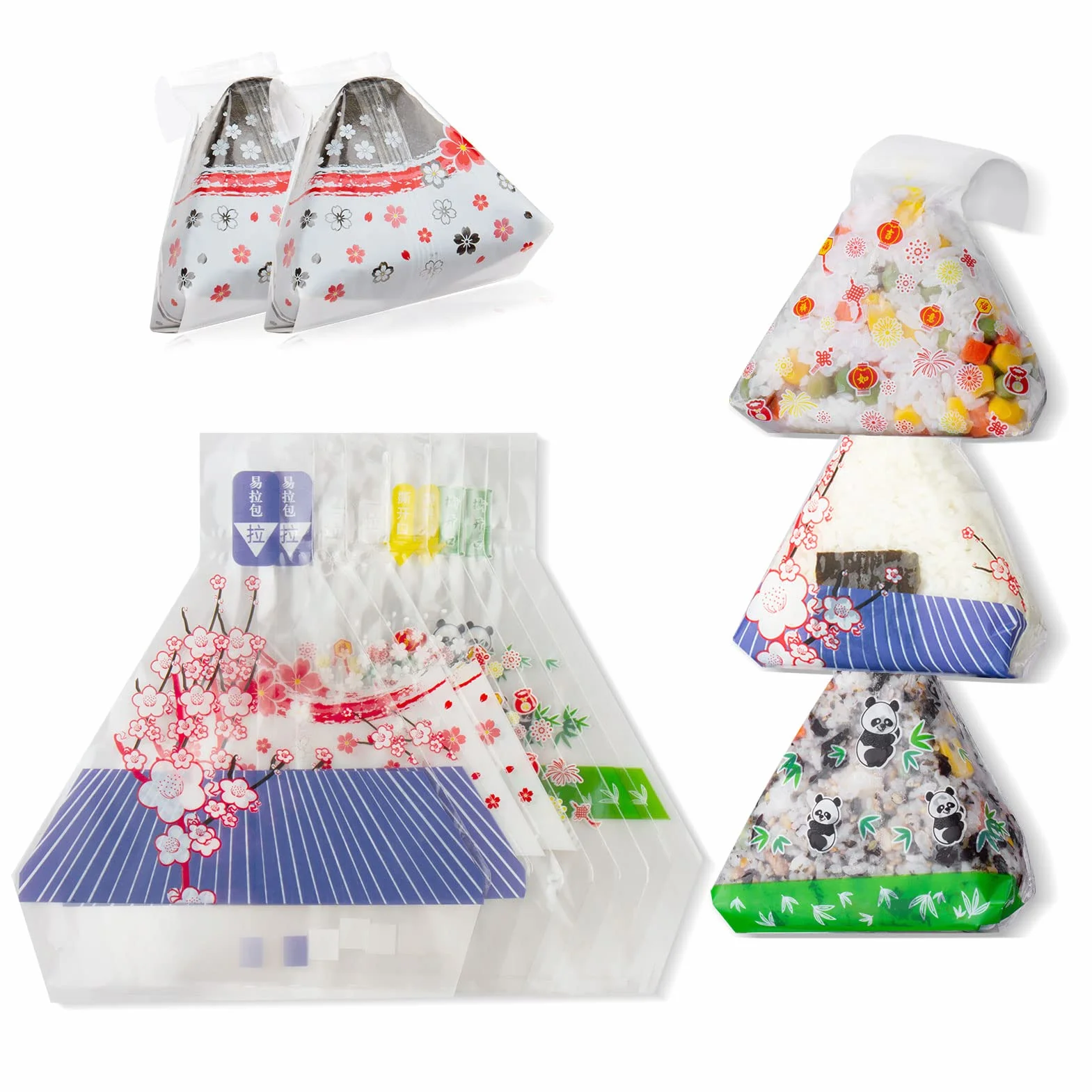 BRATA 100 szt. opakowań Onigiri + naklejki, jednorazowe plastikowe torby do owijania Onigiri, trójkątna torba do pakowania kulek ryżowych, łatwe do rozdarcia, na wynos, do użytku domowego i na piknik