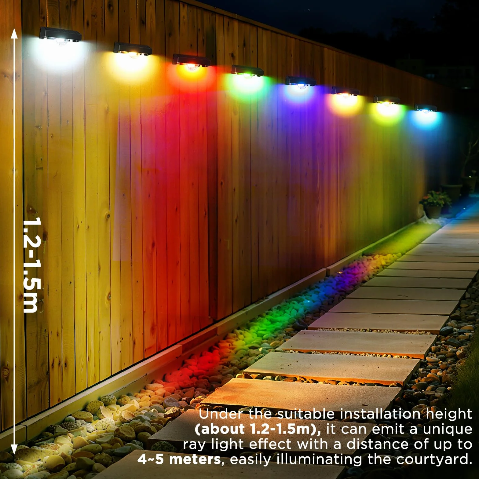 Quntis Solarna lampa ścienna zewnętrzna z efektem wiązki światła, 4 sztuki, 11 trybów świecenia (ciepła biel i zmiana kolorów RGB), IP44, wodoszczelne solarne oświetlenie ogrodzenia, do użytku na