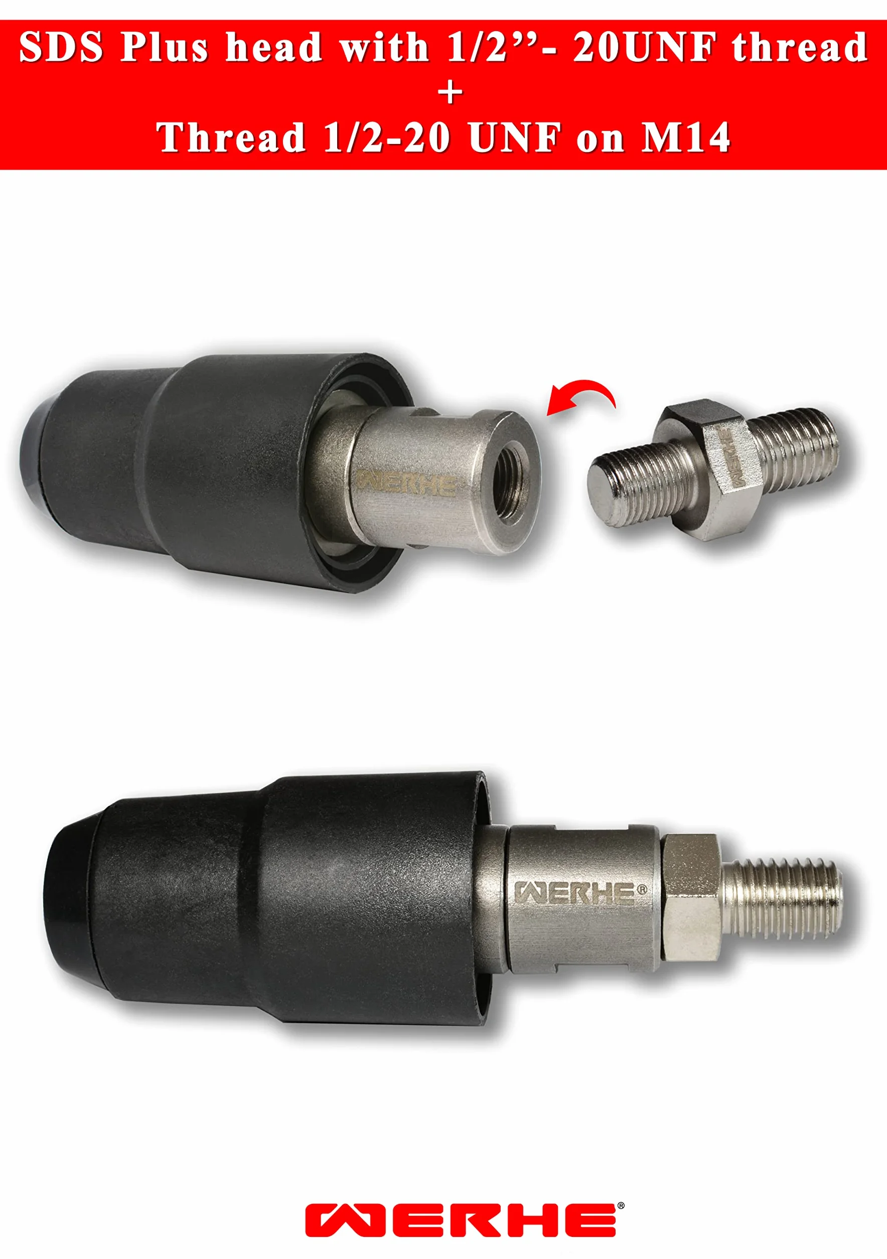 UNF WERHE adapter uchwytu wiertarskiego SDS Plus na 1/2-20 | do wiertarek udarowych, metal, tworzywo sztuczne, szerokość 42 mm, długość 102 mm, 380 g, szybka wymiana, klucz standardowy