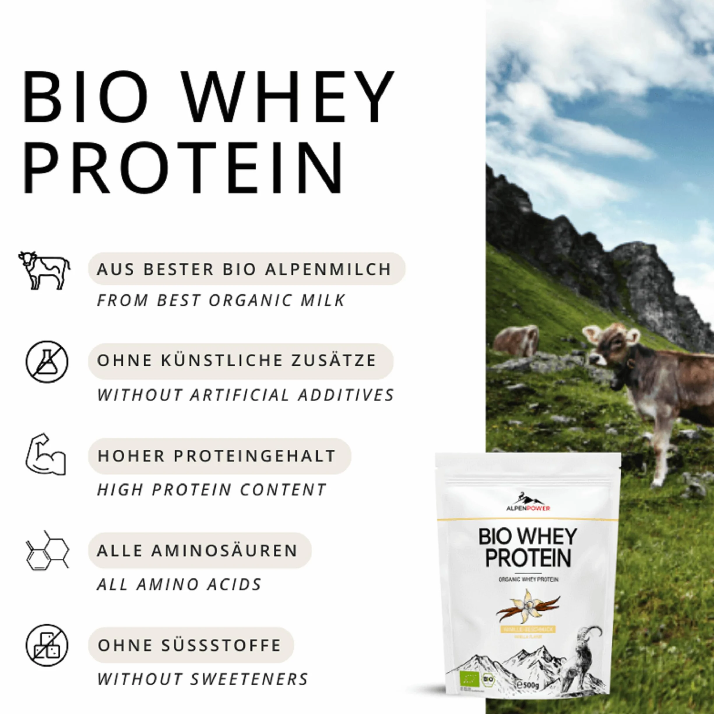 AlpenPower Bio WHEY Protein Vanilla 1 kg – 100% naturalne białko CFM w proszku