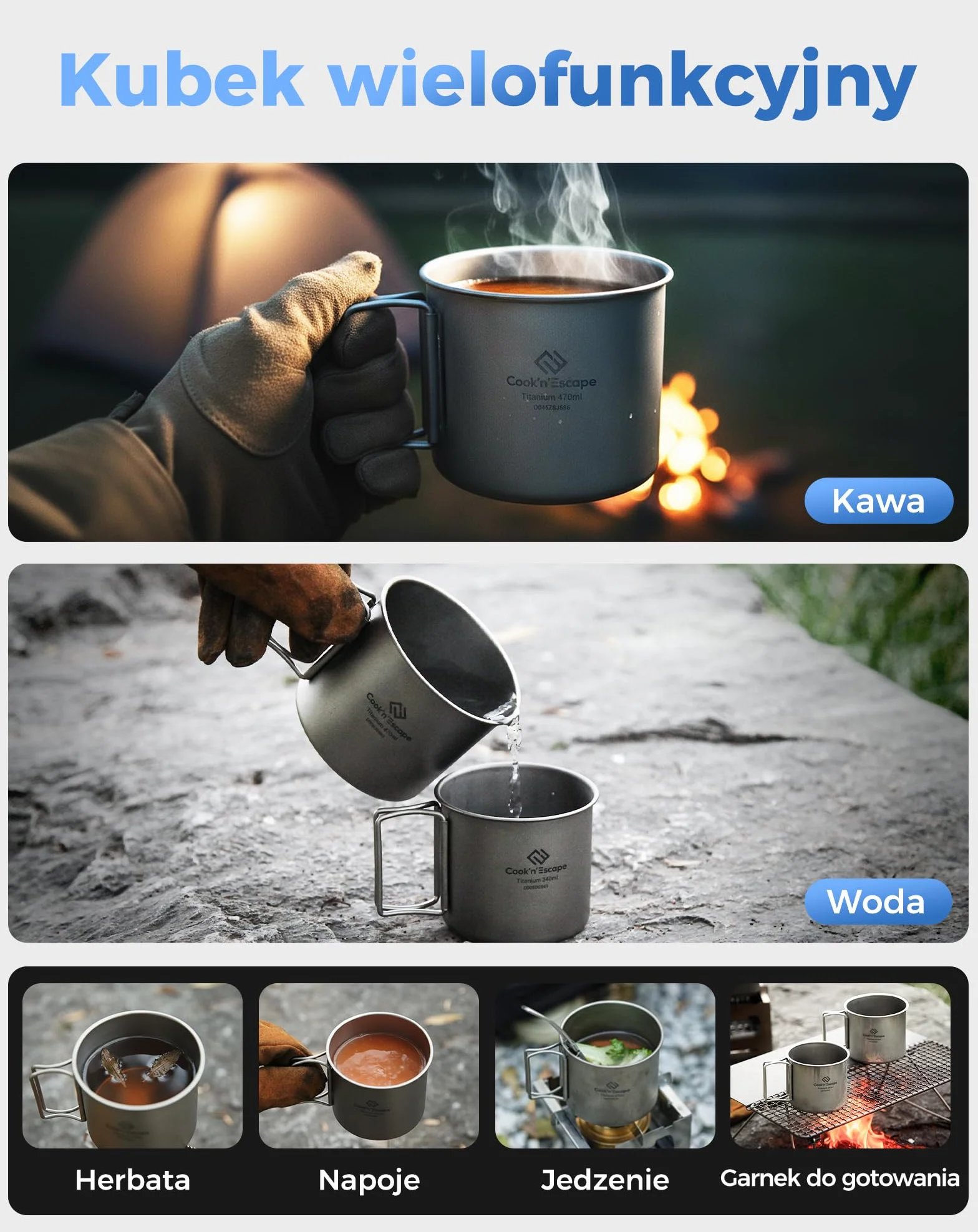 COOK'N'ESCAPE Tytanowe kubki kempingowe, zestaw 2 szt., 340 ml + 470 ml, lekkie i przenośne, odporne na ciepło, ze składanym uchwytem, idealne na kemping, wędrówki, podgrzewanie wody i parzenia kawy