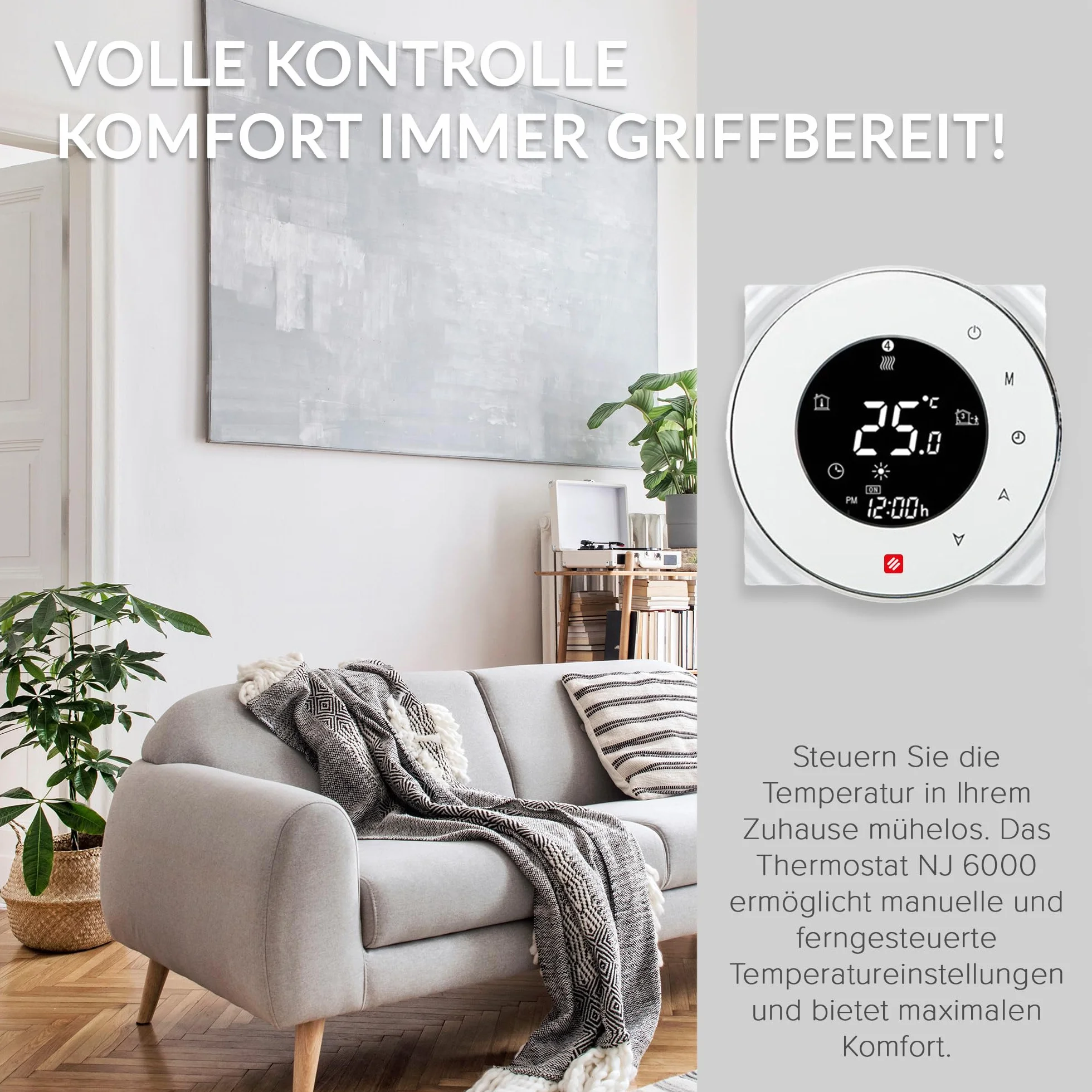 DREAM HEAT Inteligentny termostat, okrągły wyświetlacz dotykowy, sterowanie Wi-Fi, programowalne tryby, kompatybilny z Amazon Echo, Google Home