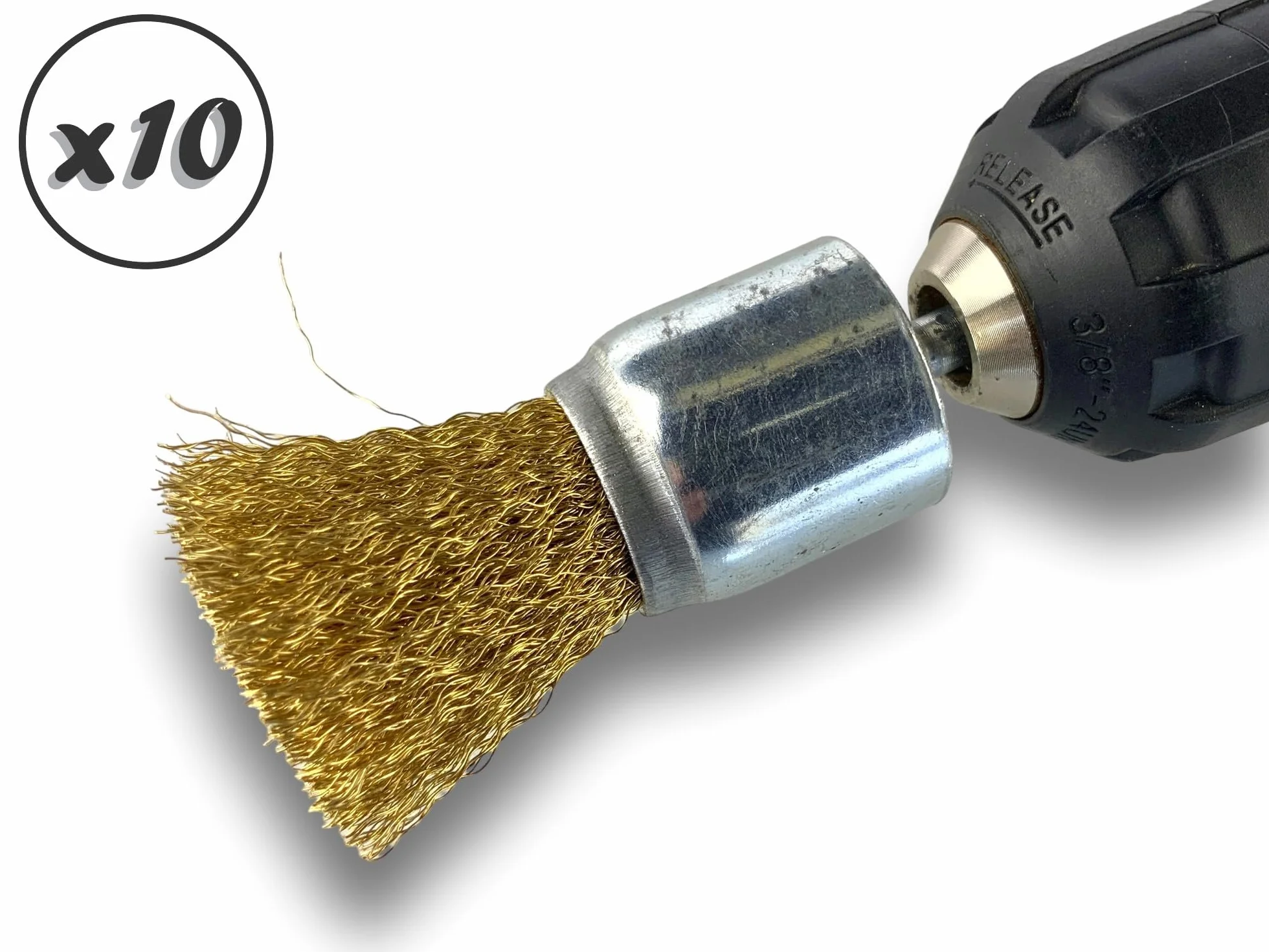 Zestaw 10 metalowych szczoteczek obrotowych z końcówką Ø 28 mm | Kształt pędzla na trzonku Ø 6 mm | Drut LAITON Ø 0,20 mm miękki | Do wiertarki lub wkrętarki z uchwytem | Szczotkowanie i zdejmowanie |