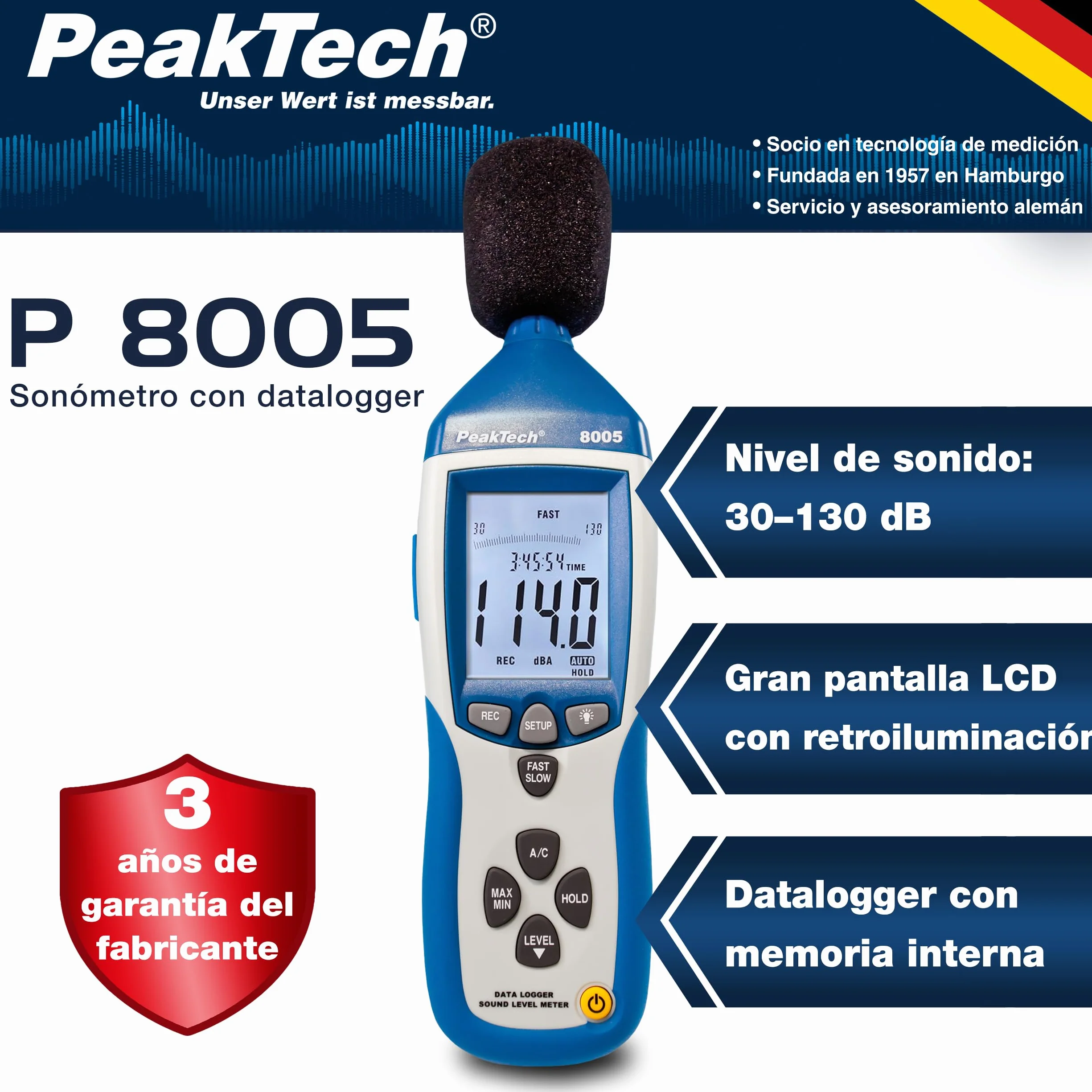 PeakTech P 8005 - Miernik poziomu dźwięku ~ 30 ... 130 dB A/C ~ z rejestratorem danych 32000 punktów i USB