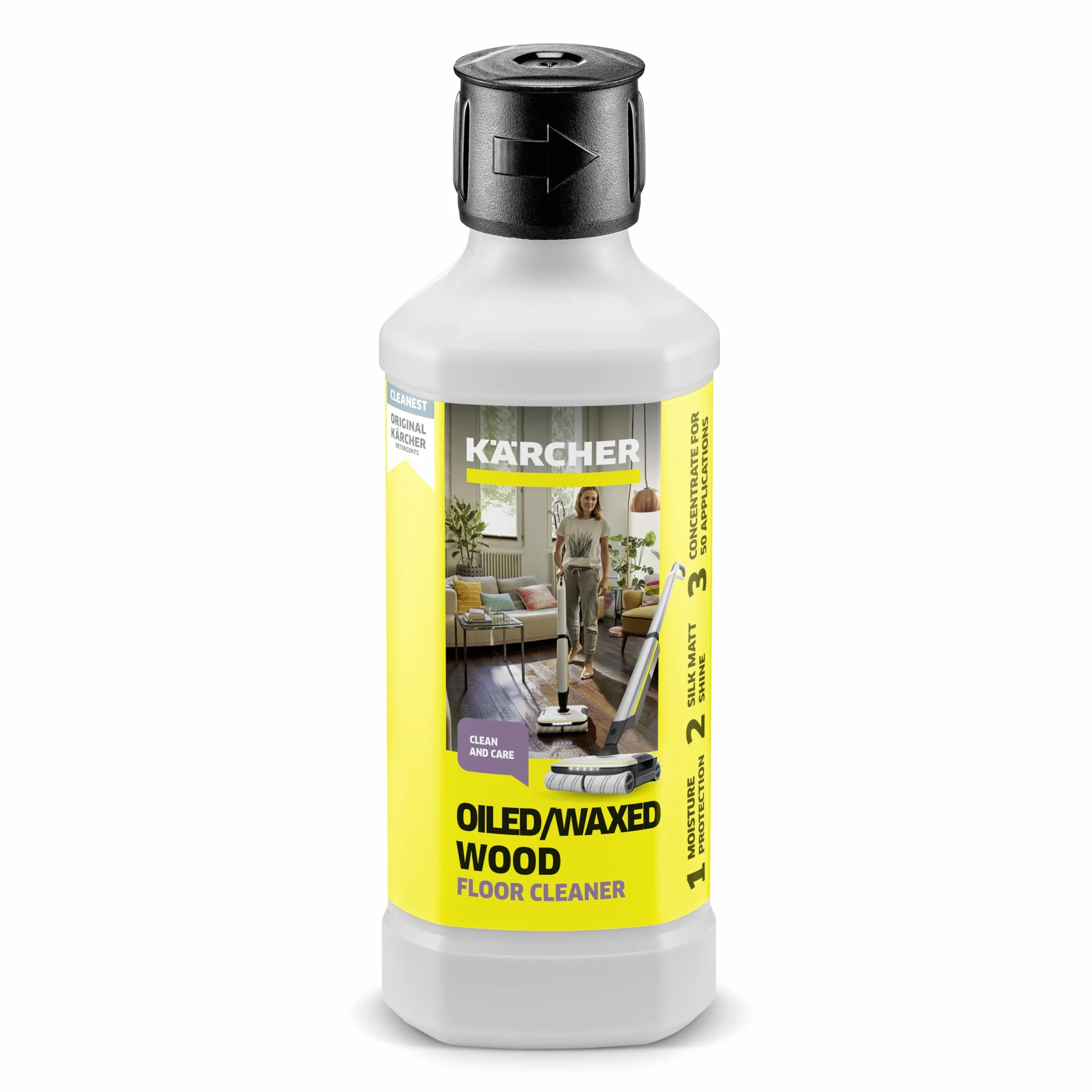 Kärcher RM 535 środek do czyszczenia i pielęgnacji podłóg drewnianych olejowanych i woskowanych, matowy połysk, z 500 ml koncentratu uzyskuje się 40 l płynu czyszczącego.
