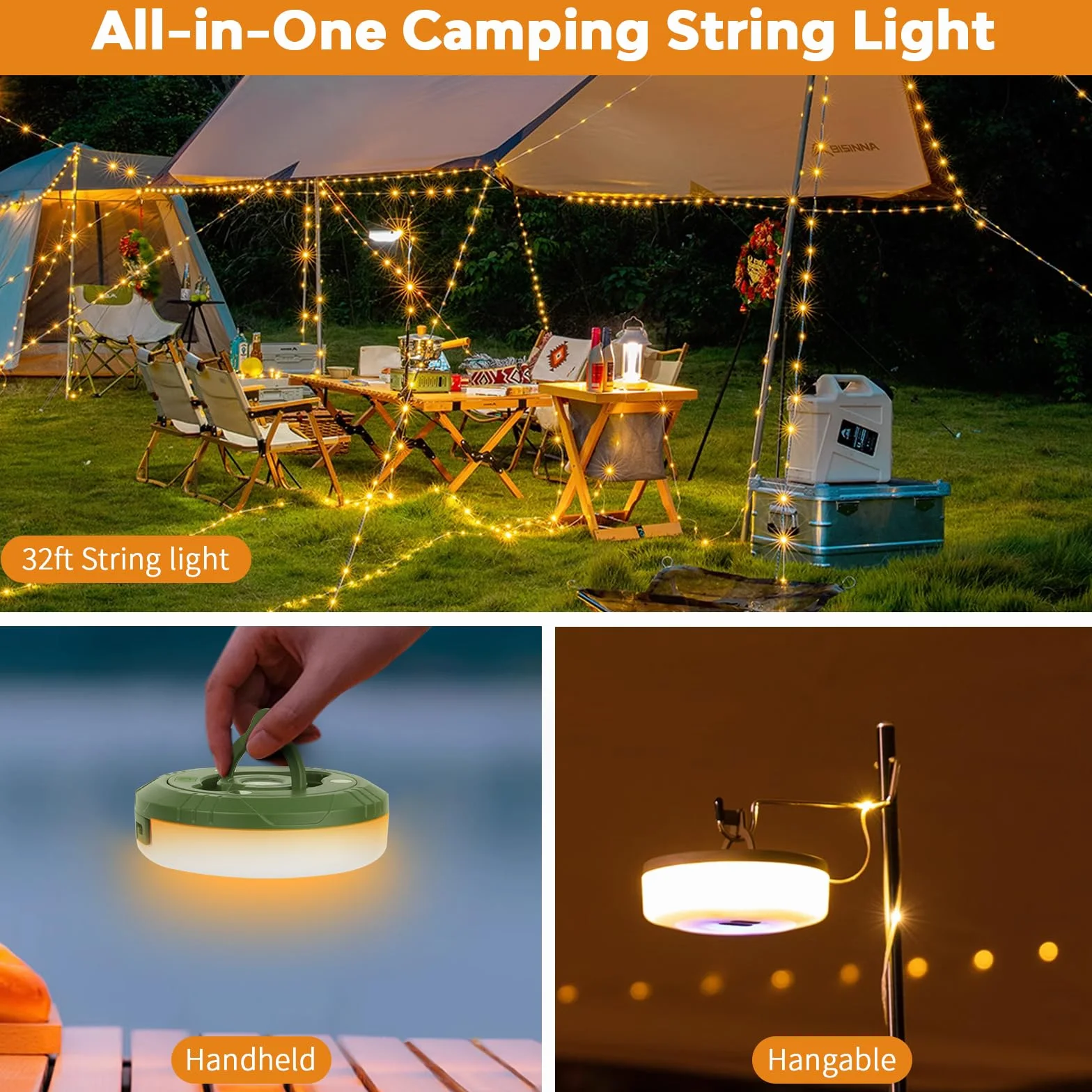 Lampki kempingowe zwijane - 10 m, 132 diody LED, wodoodporne, solarne, zwijane, lampki LED, zewnętrzne, kempingowe, USB, akumulatorowa lampa kempingowa do biwakowania, ogrodu i wędrówek