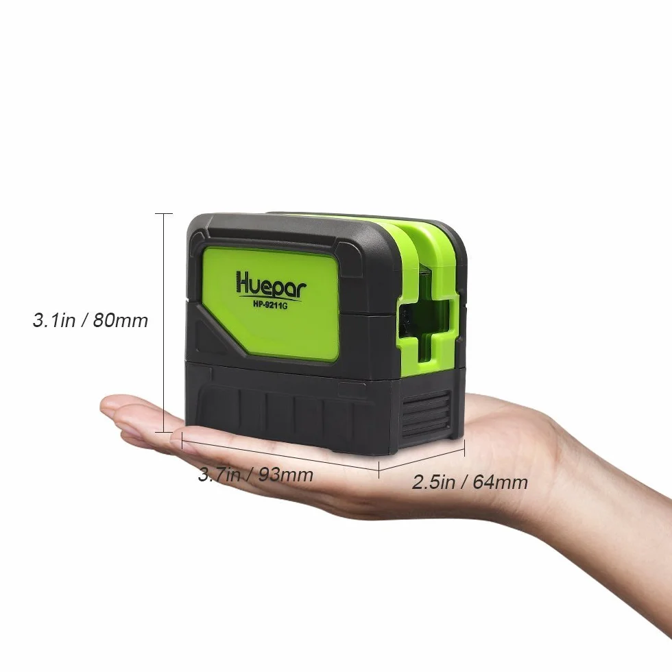 Huepar Kreuzlinienlaser Grün mit 2 Laserpunkte, DIY Linien Laser Selbstnivellierenden und Neigungsfunktion mit Lotfunktion, 15m Arbeitsbereich, inkl. Magnetische Halterung und 2 AA Batterie M-9211G
