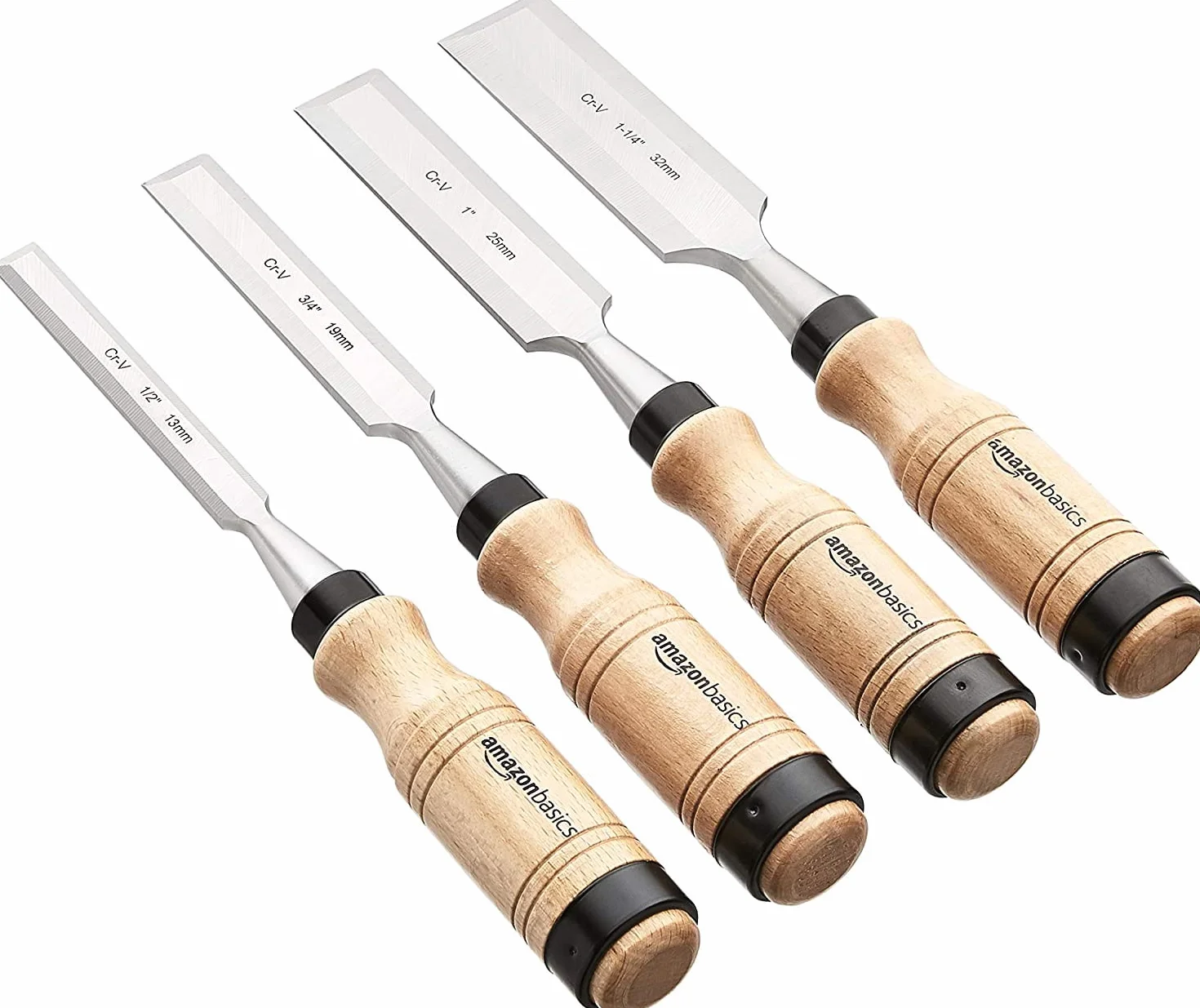 Amazon Basics 4-częściowy, solidny zestaw dłut do drewna i obróbki drewna wykonany ze stali chromowo-wanadowej, od 13 mm do 32 mm, drewniane uchwyty, z futerałem do przenoszenia.