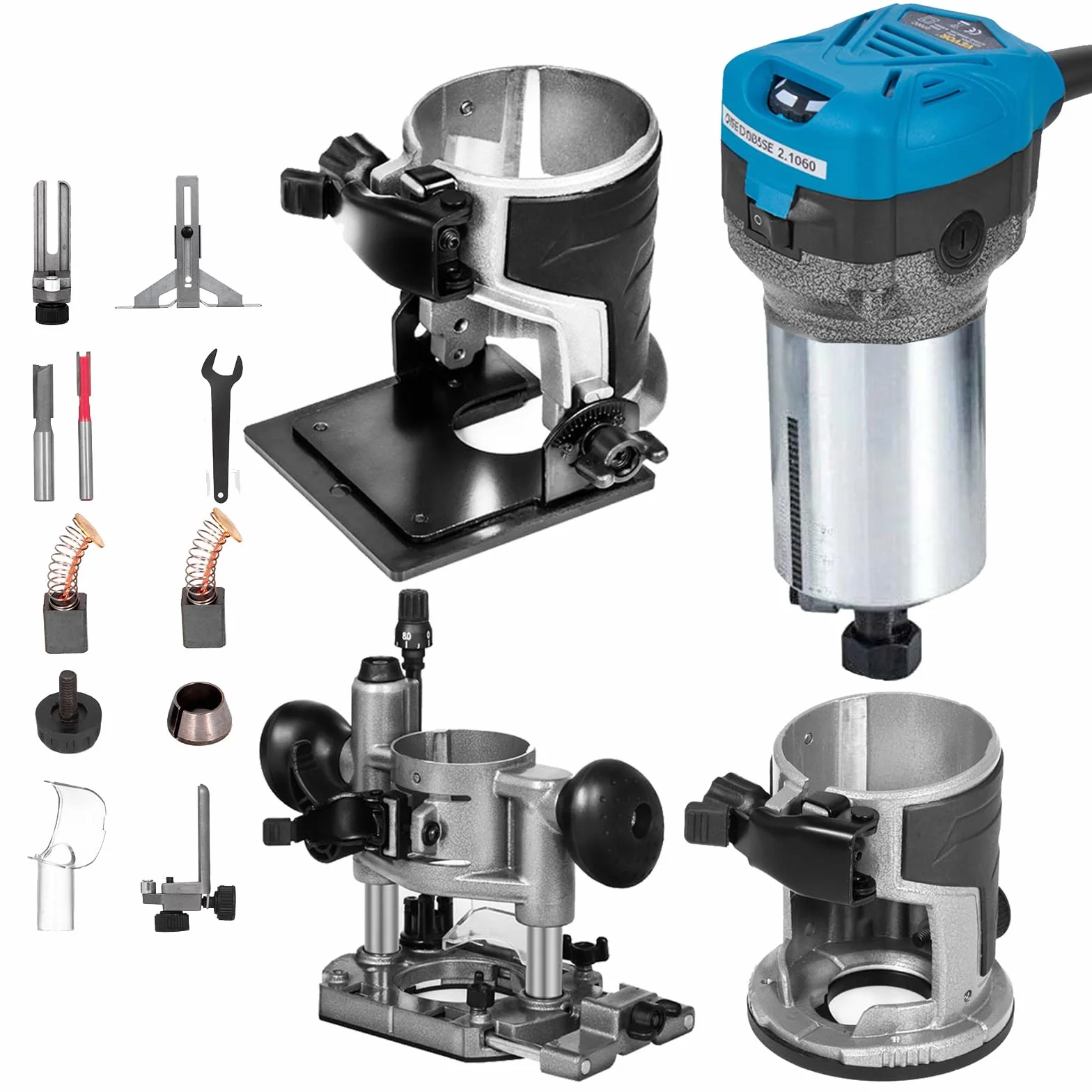 VEVOR Frezarka górnowrzecionowa 710 W, kompaktowa frezarka do drewna z 3 podstawami, 10000-30000 obr./min, frezarka krawędziowa 1/4" i 3/8" wielofunkcyjna z podstawą nachylenia, do laminowania drewna