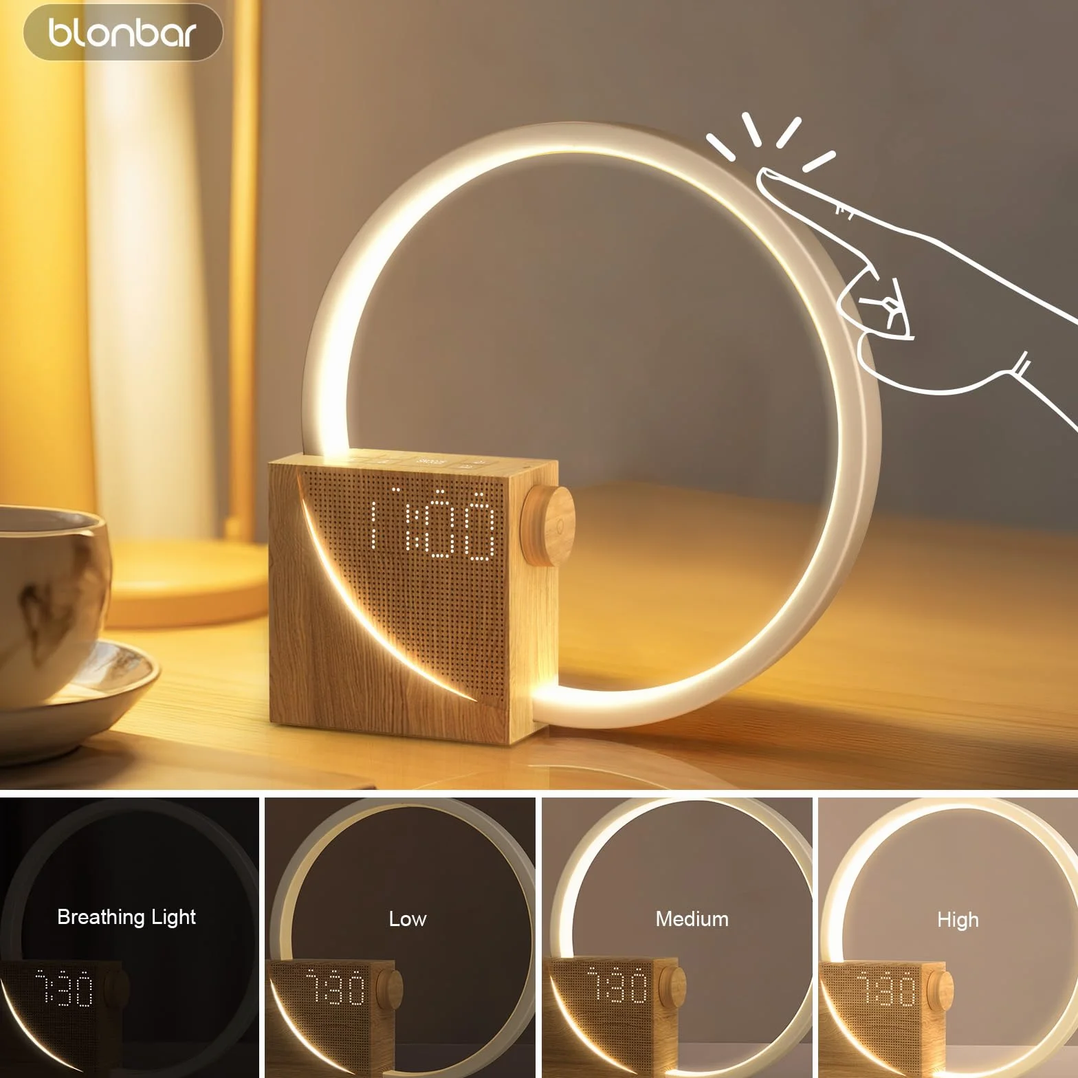 Blonbar Lampka Nocna z Budzikiem Świetlnym Wake Up, Lampa Stołowa z Ładowaniem USB 10W, Sterowanie Dotykowe, Ściemniana