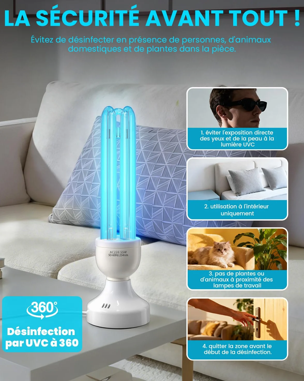 55 W UV bakteriobójcza lampa UVC ozonowa ultrafioletowa z pilotem zdalnego sterowania i 3 timerami, podwójny sterylizator z rurką kwarcową 254 nm, sterylizacja UVC, do sypialni, kuchni