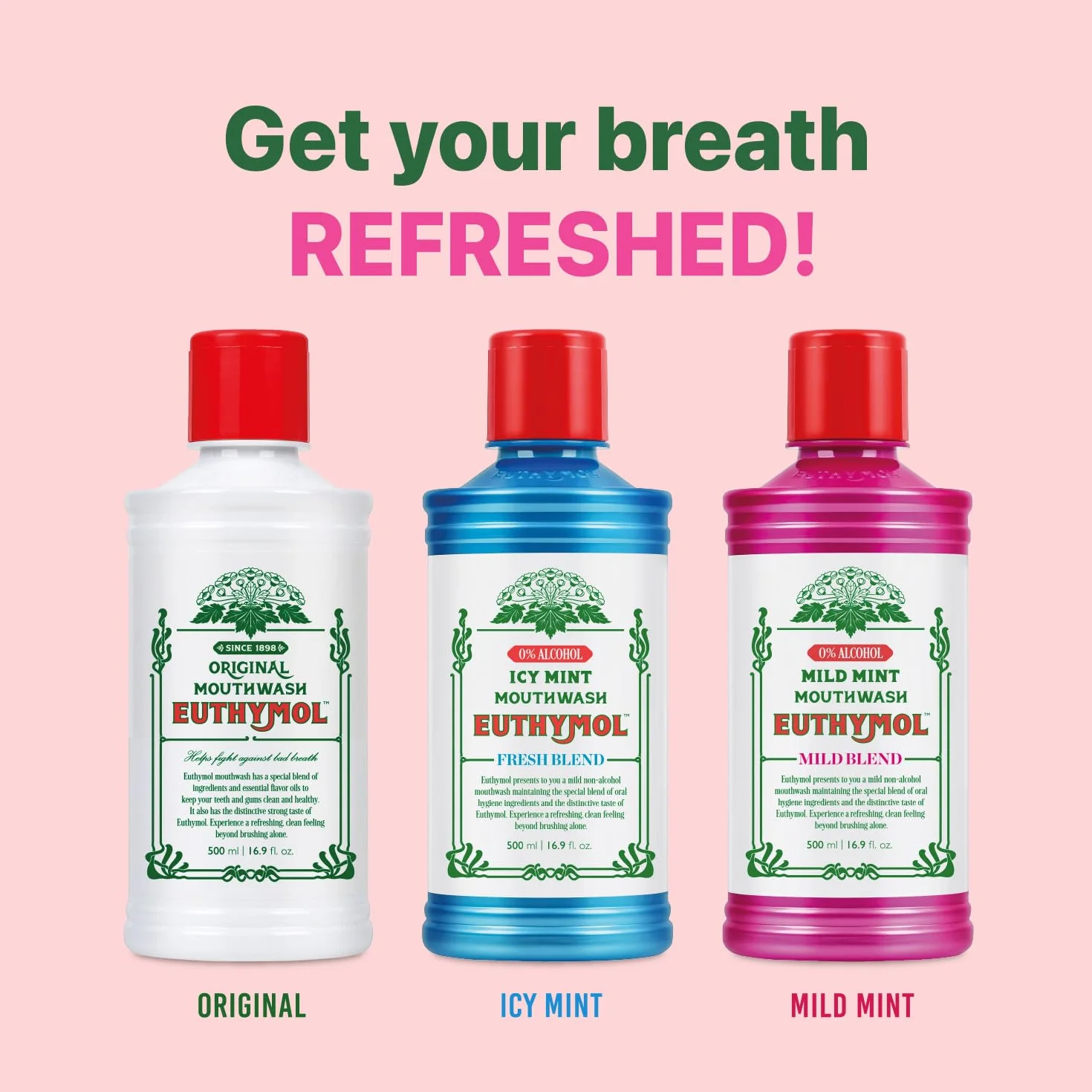 Euthymol Mouthwash Original 500ml, Bez Fluoru, Intensywny Smak, Redukuje Płytkę, Zdrowe Zęby i Dziąsła, Odświeża Oddech, Codzienna Pielęgnacja Jamy Ustnej