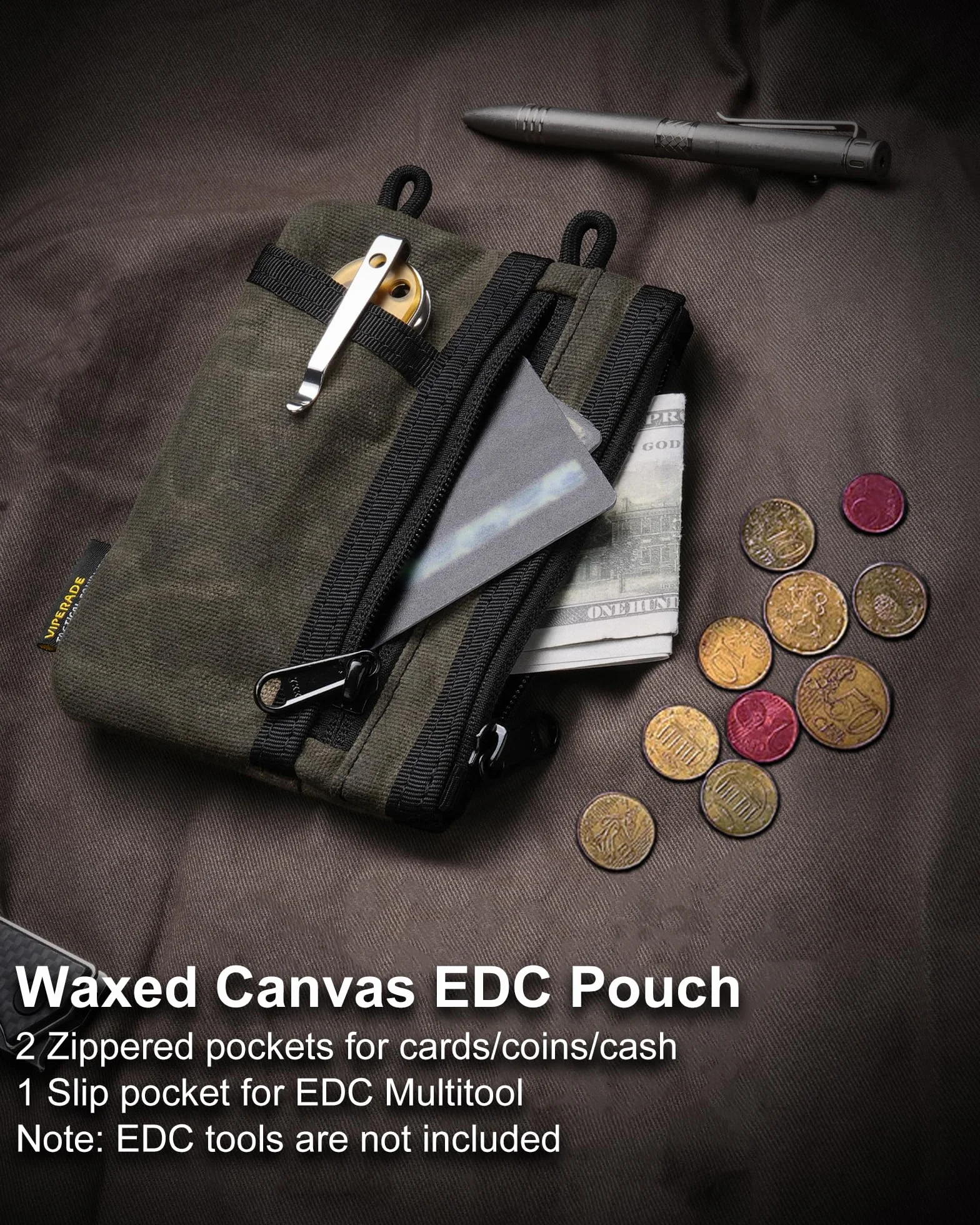 VIPERADE VE18N-OW smukła torba EDC z woskowanego płótna, minimalistyczny portfel dla mężczyzn, organizer EDC na multitool (Zielony)