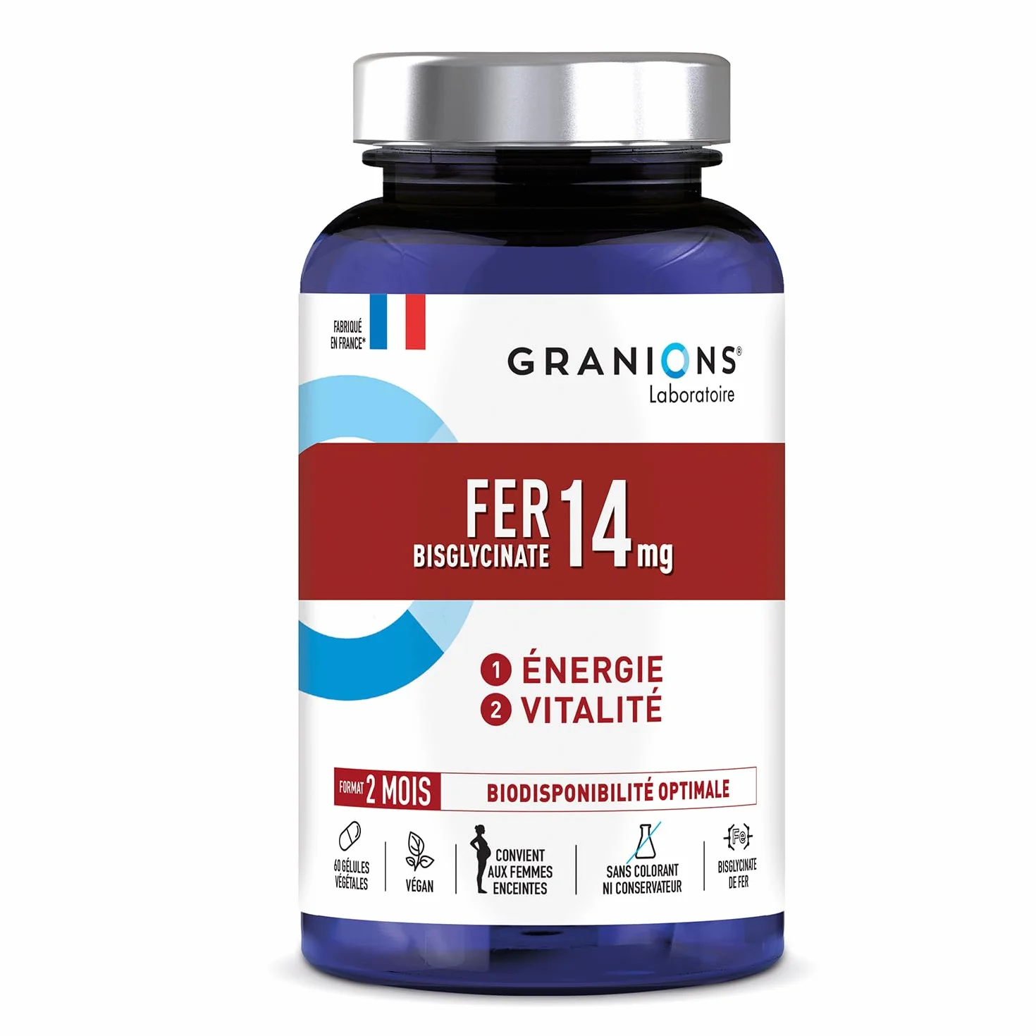 Bisglycinate żelaza 14 mg + Witamina B | Energia i witalność | 100% zalecanego spożycia | Optymalna biodostępność | Kobiety w ciąży | 60 kapsułek = 2 miesiące | Granions