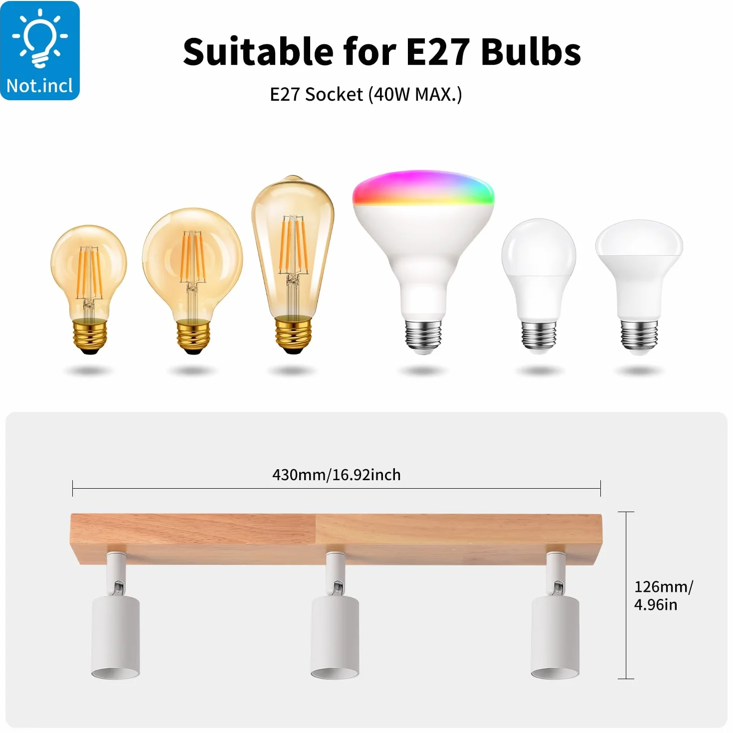 LVWIT Lampa sufitowa LED E27 z 3 reflektorami, białe oświetlenie wewnętrzne, drewniana lampa sufitowa z prostokątną podstawą, lampa ścienna do sypialni, żyrandol kuchenny (bez żarówek)