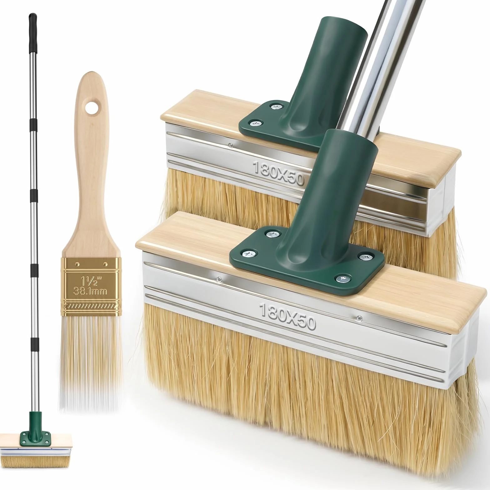 Pędzel płaski do powierzchni z długą rączką 153 cm, zestaw pędzli płaskich do tarasu, z 2 pędzlami o szerokości 18 cm i 1 małym pędzlem, szczotka sufitowa, szczotka tarasowa do podłóg drewnianych