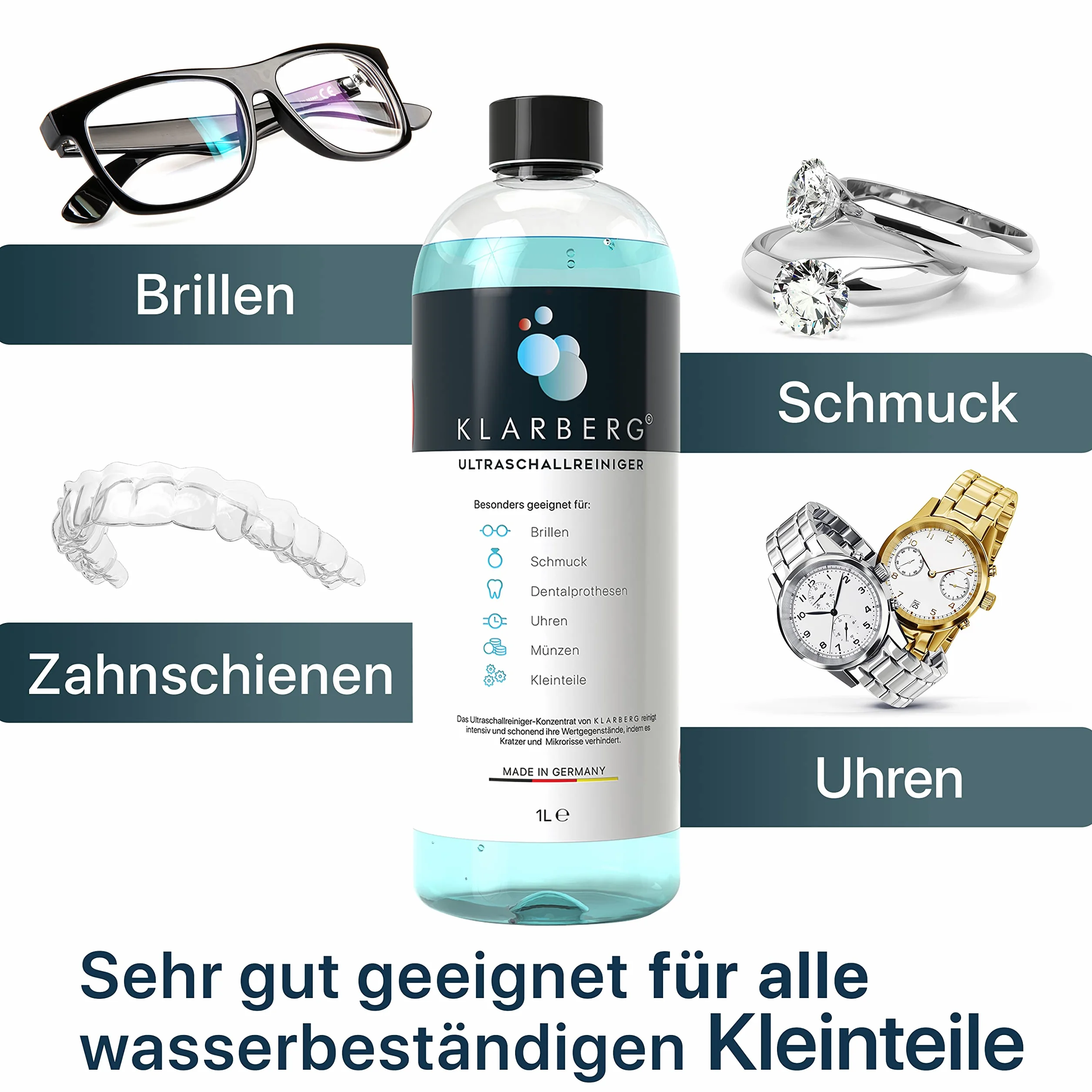 KLARBERG® 2x1L Koncentrat do myjki ultradźwiękowej I Czyszczenie okularów, biżuterii, protez zębowych, zegarków w wannie ultradźwiękowej I Można stosować z każdą myjką ultradźwiękową