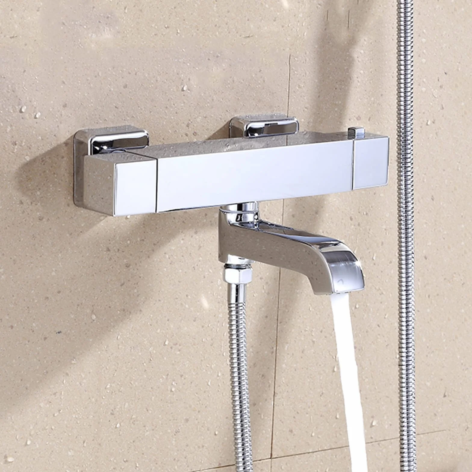 Inteligentny termostatyczny zestaw baterii prysznicowej do łazienki, mosiężny chrom, bateria wannowa z prysznicem ręcznym, montowana na ścianie, kwadratowa bateria mieszająca