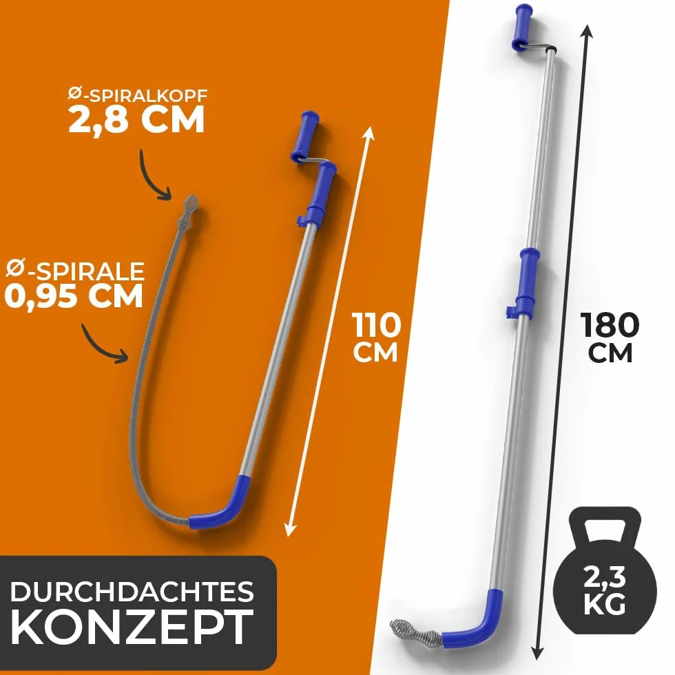 Meisterfaktur Spirala do czyszczenia rur do toalet [1,8 m] – spirala do ciężkich zatorów WC – dzięki silikonowej ochronie bez uszkodzeń – bezpieczne usuwanie zapchania toalet