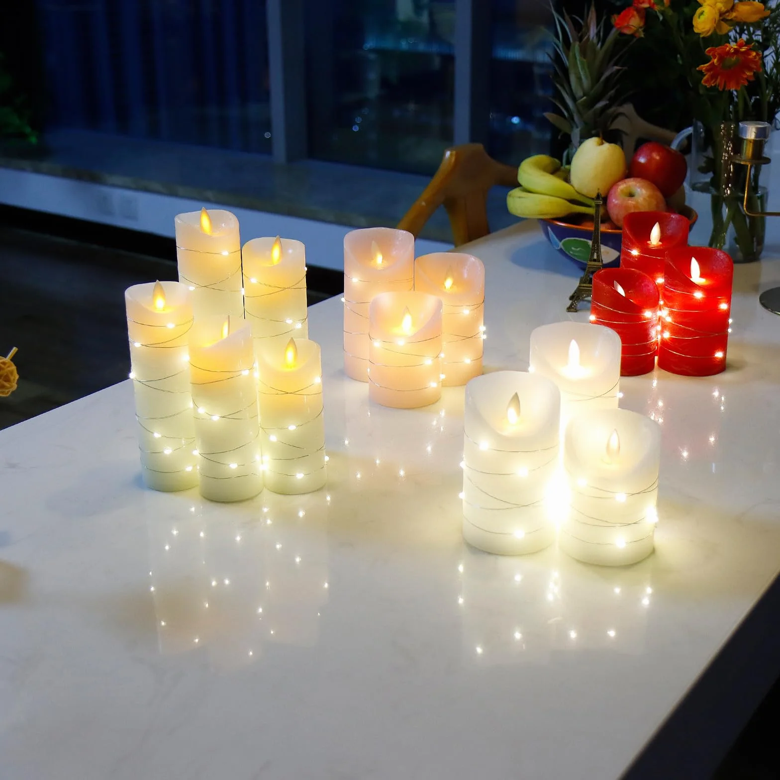 CCLIFE Świeczki LED bez płomienia z łańcuchem świetlnym, funkcja timera, świeca z parafinowego wosku, bezpłomienne, zasilane bateriami.Zestaw 5 białych sztuk