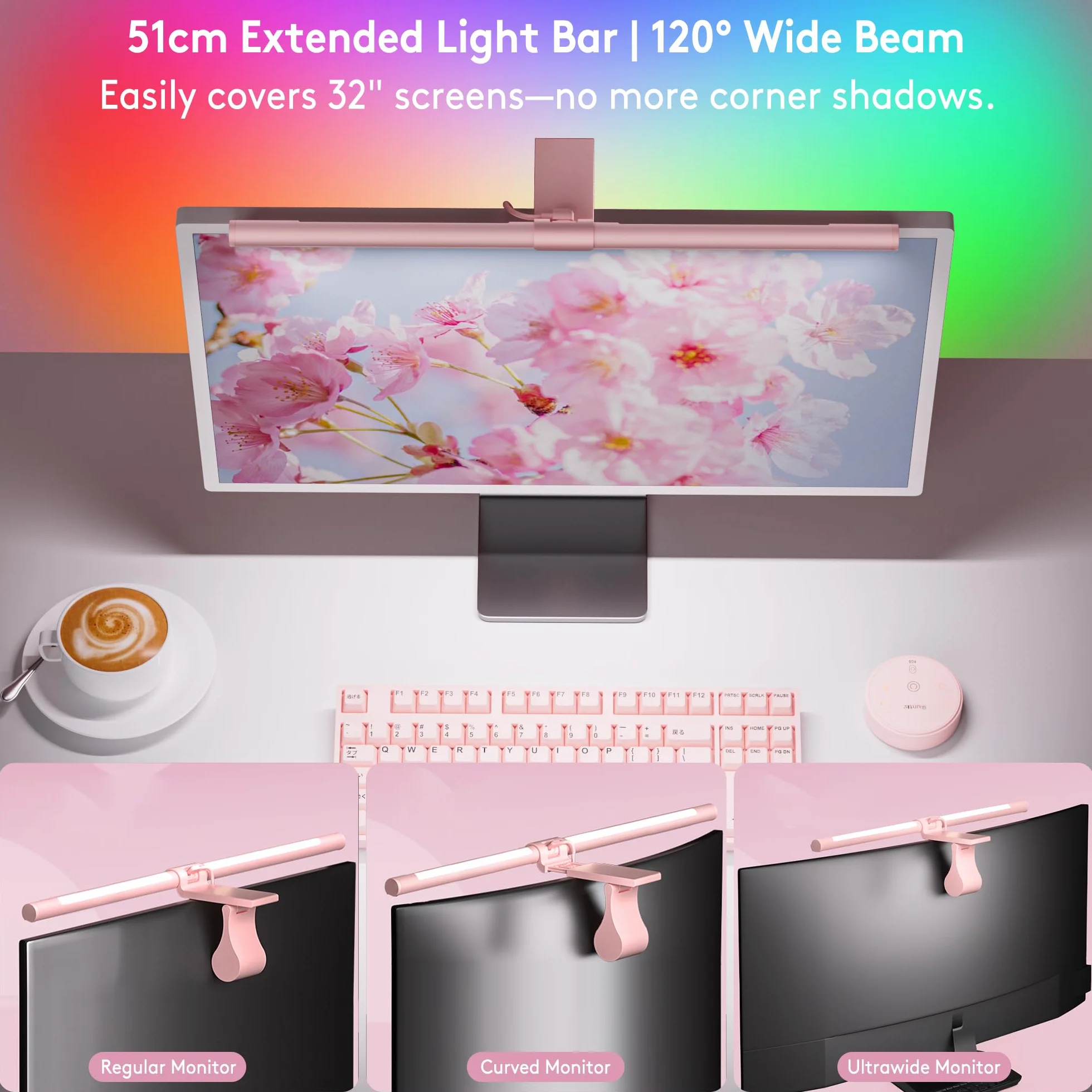 Quntis 51cm różowa listwa oświetleniowa monitora z pilotem i podświetleniem RGB, zakrzywiona lampa monitora komputerowego, regulacja temperatury barwowej i jasności, brak odblasków, ochrona oczu