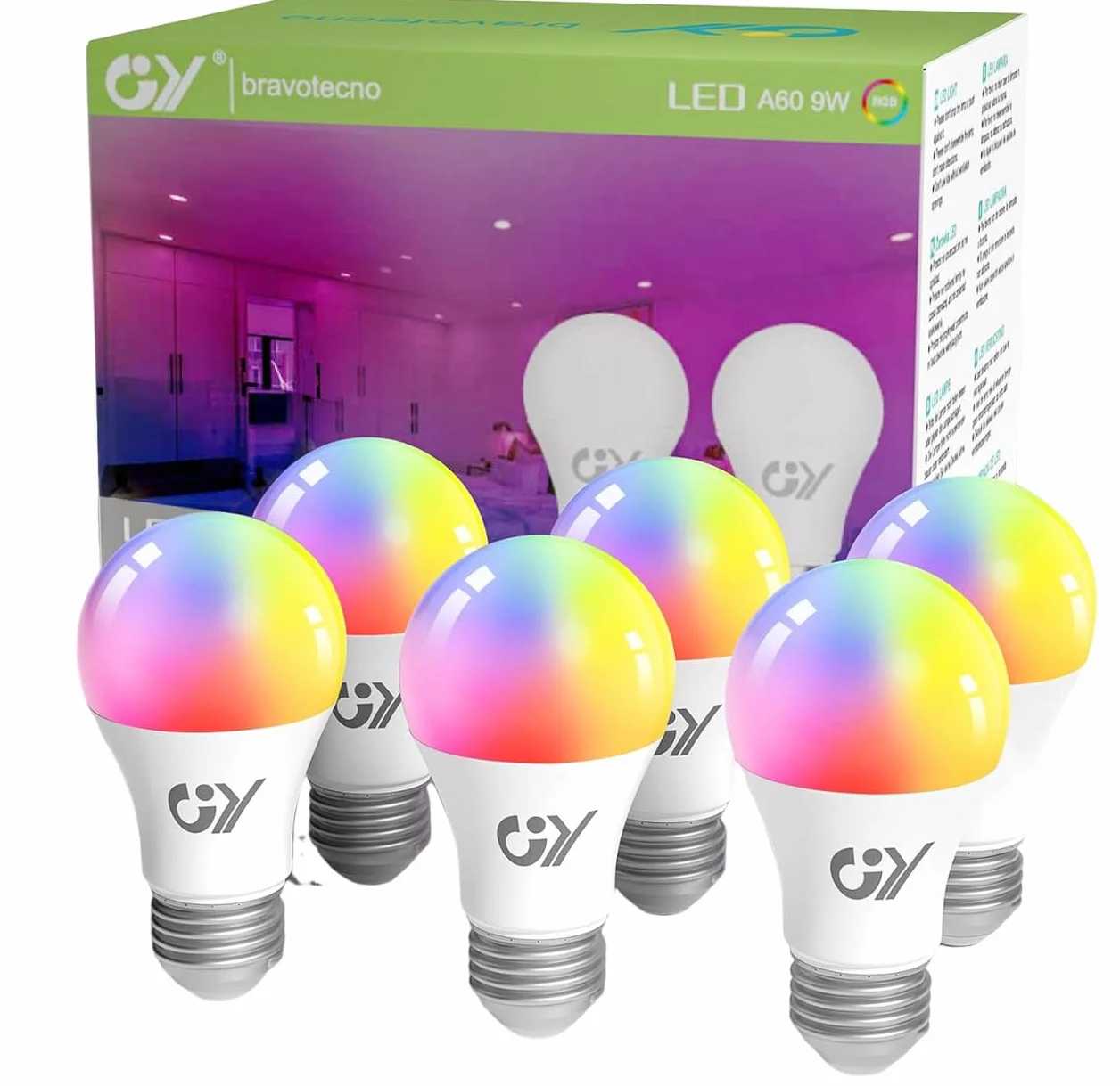 GY Żarówka E27 Smart WIFI RGB LED 9W 850LM A60 Alexa, Kąt Wiązki 120°, Regulowana 2700K-6500K, Pakiet 6 Sztuk