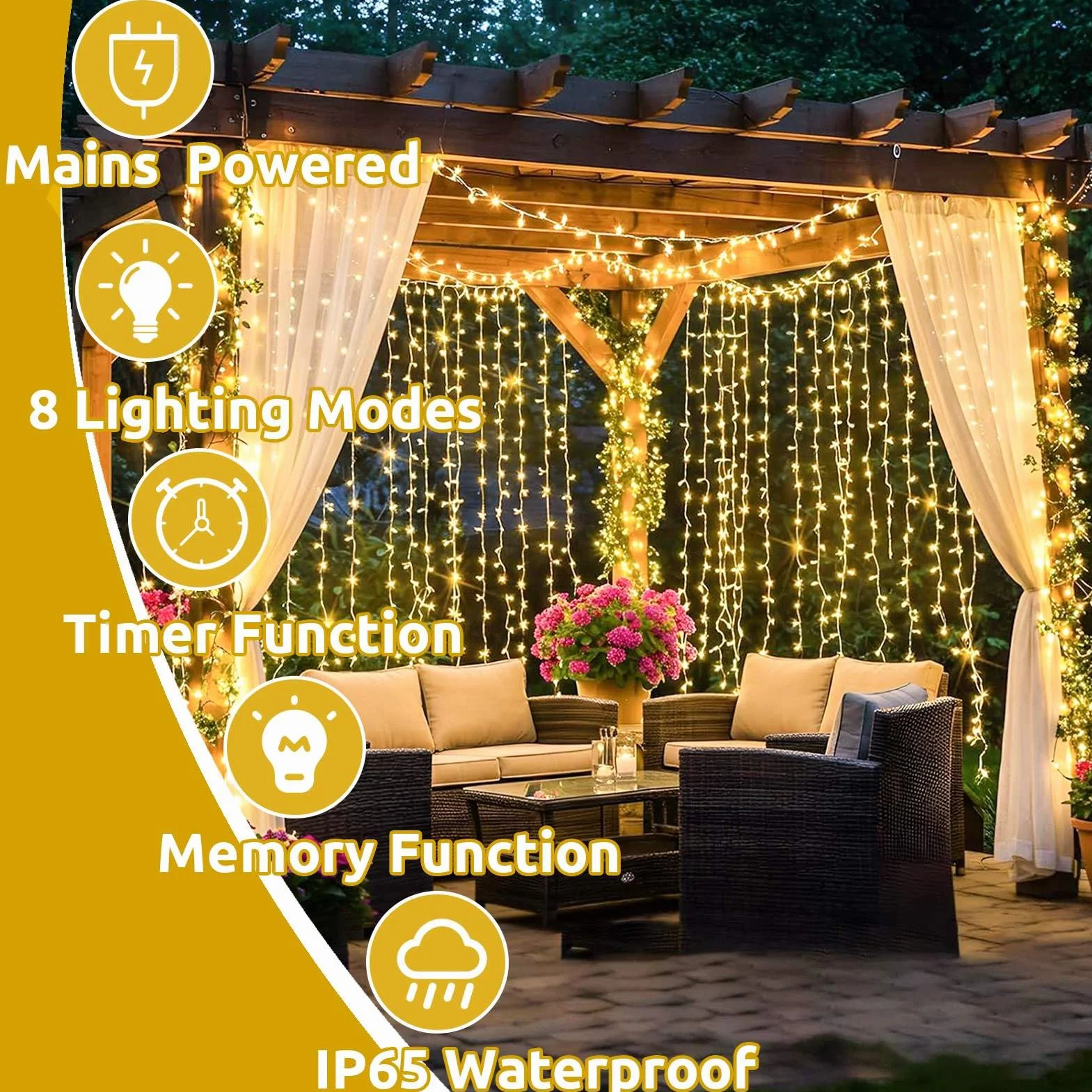 Joycome Kurtyna świetlna, 6 m x 3 m, 600 diod LED, 8 trybów świecenia, oświetlenie bożonarodzeniowe, zasilanie prądem, wodoszczelna, na ścianę, do pokoju, na balkon, do użytku na zewnątrz, dekoracja