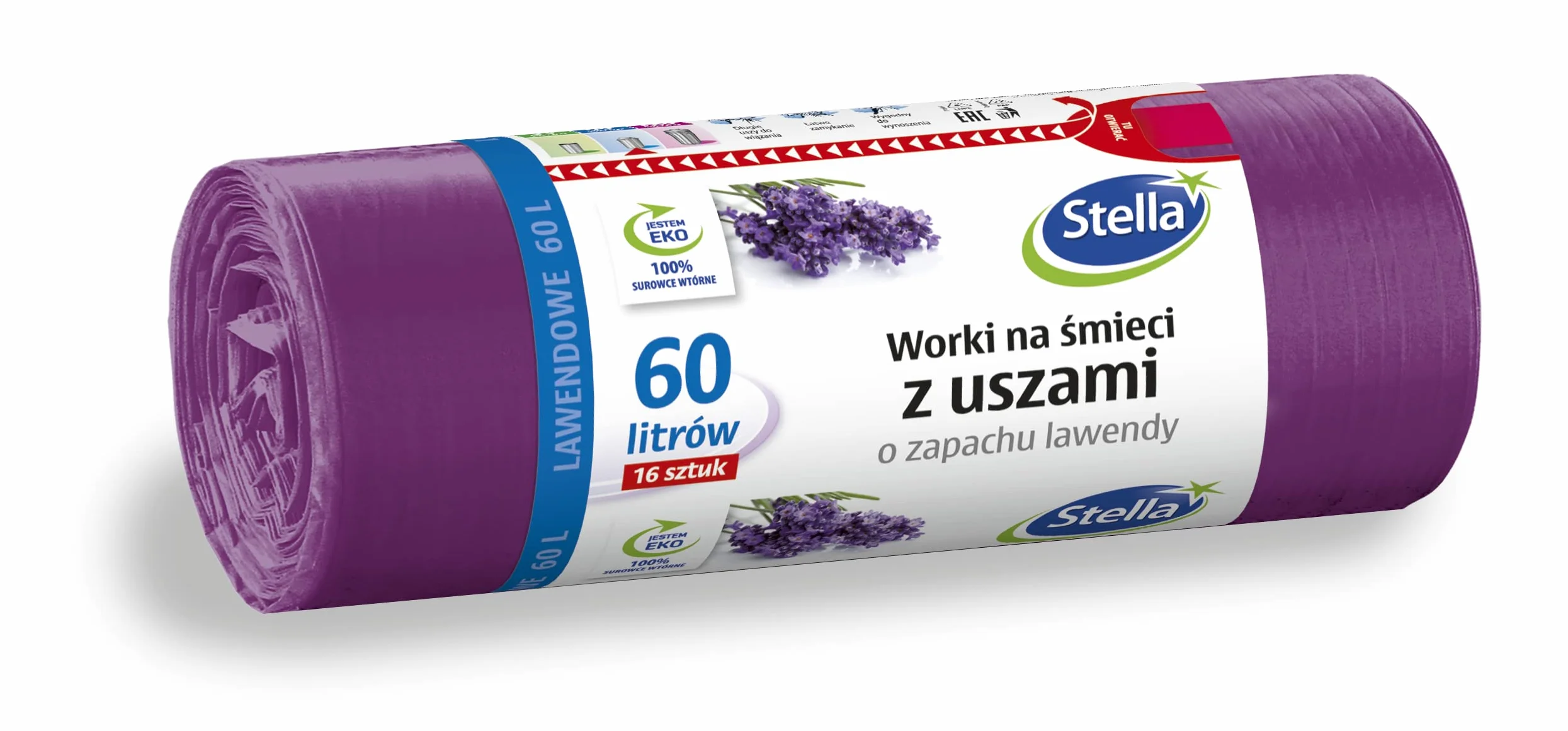 STELLA worki na śmieci z uszami, zapach LAWENDOWY, o pojemności 60 l, 16 sztuk, do biura z folii LDPE, wyprodukowano z recyclingu surowców wtórnych, kolor: lawendowy/fioletowy