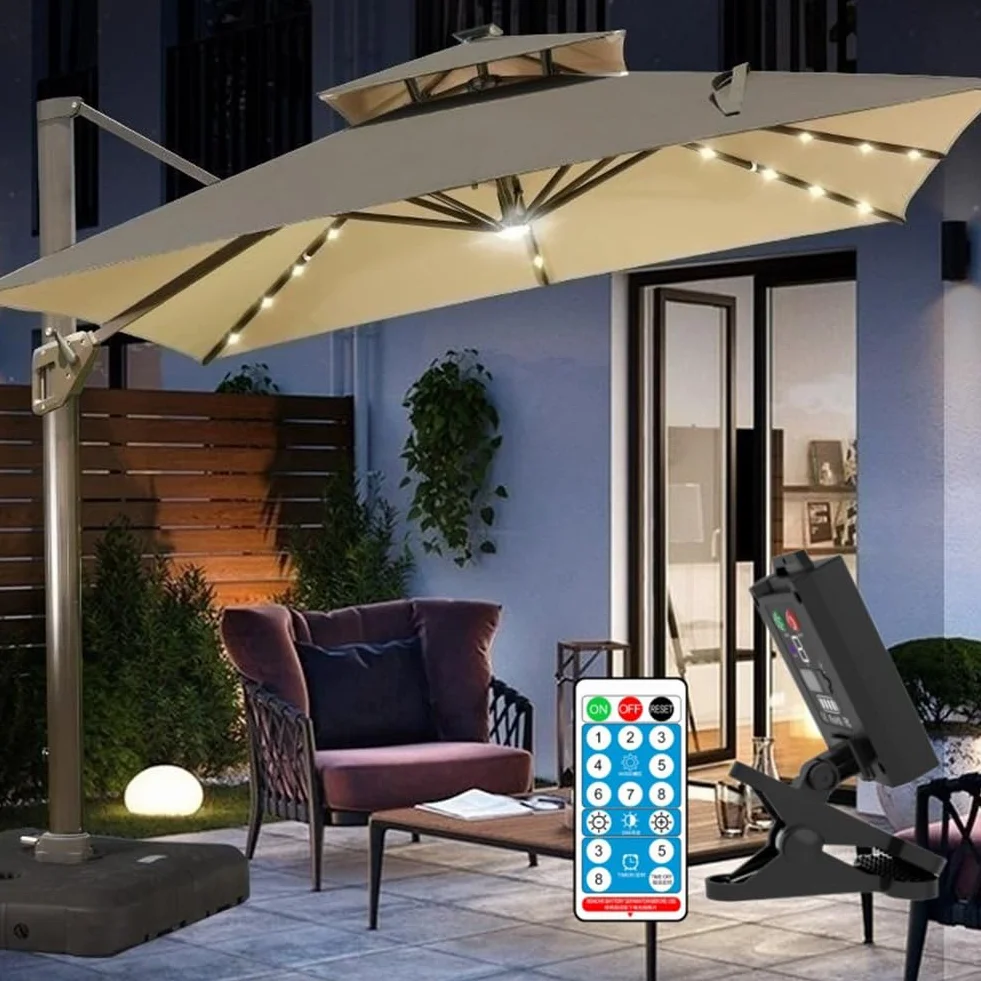 Bezprzewodowy parasol świetlny IP65, wodoodporna lampa kempingowa, 8 trybów oświetlenia, łańcuch świetlny LED, ładowany przez USB, pilot zdalnego sterowania, do namiotu plażowego, kempingu,